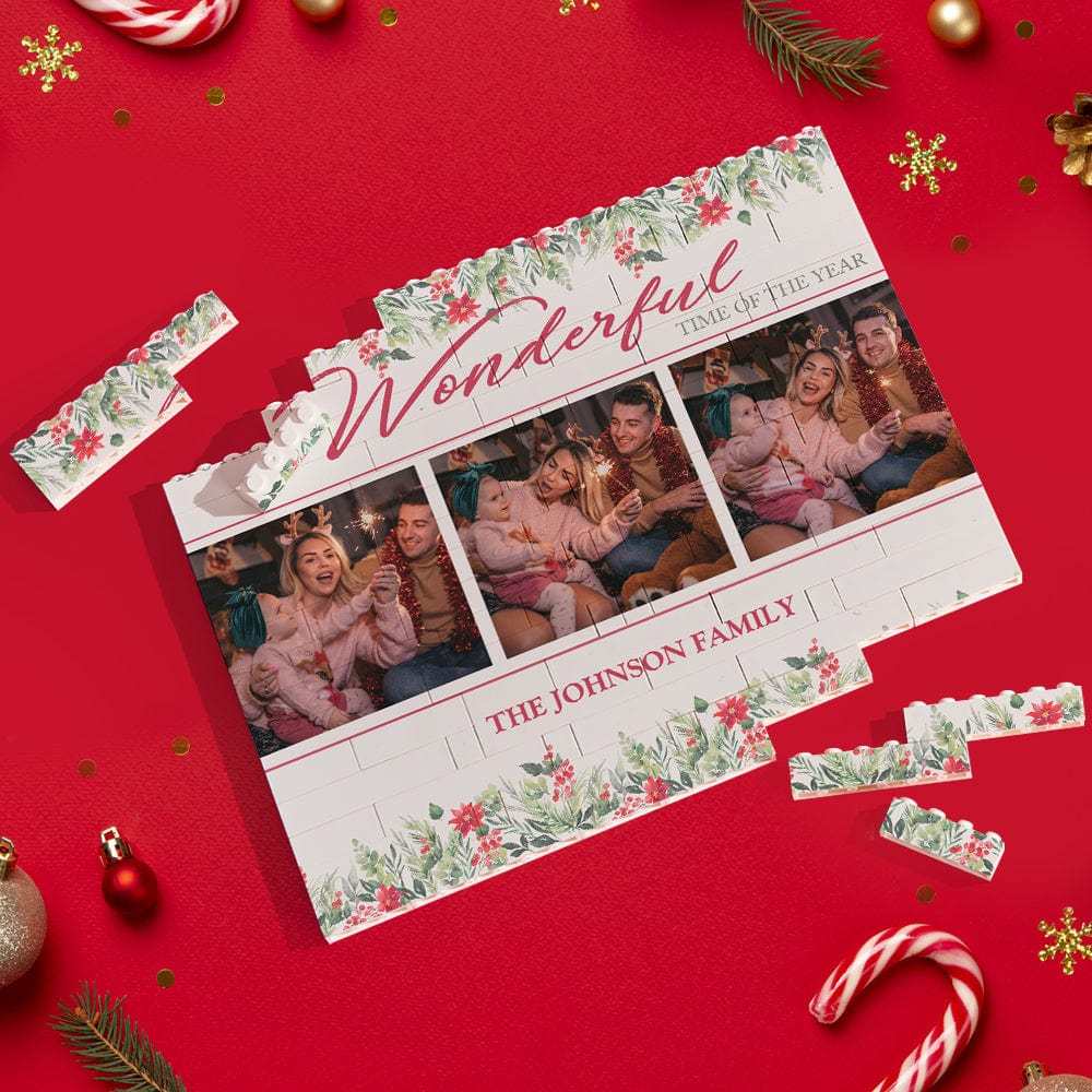 Custom Building Block Puzzle Personalized Horizontal Trio Photo Brick Christmas Wonderful Time - Giftlab