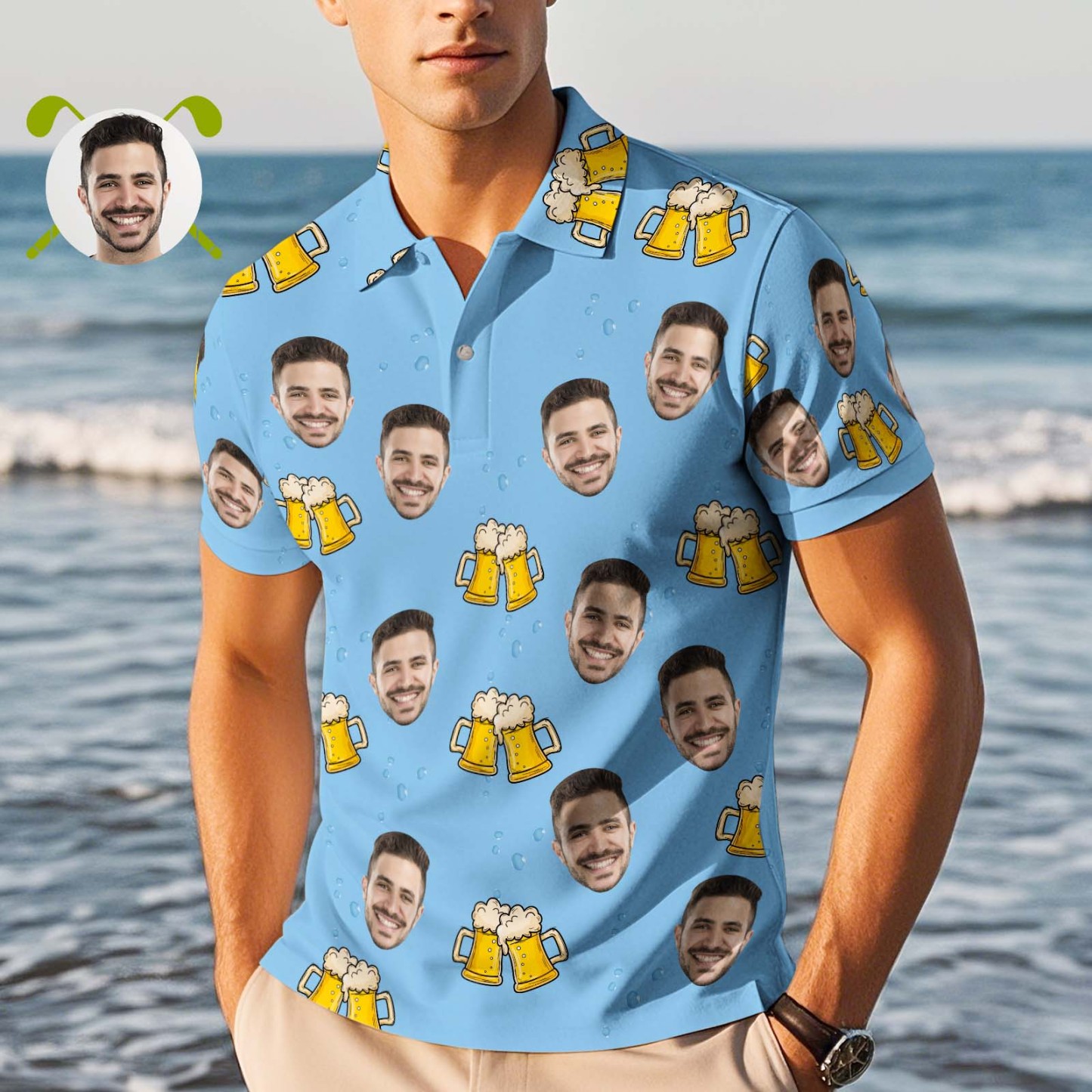 Custom Face Polo Shirt Cheers Beer Blue Polo Shirt - Bestchristmasgifts