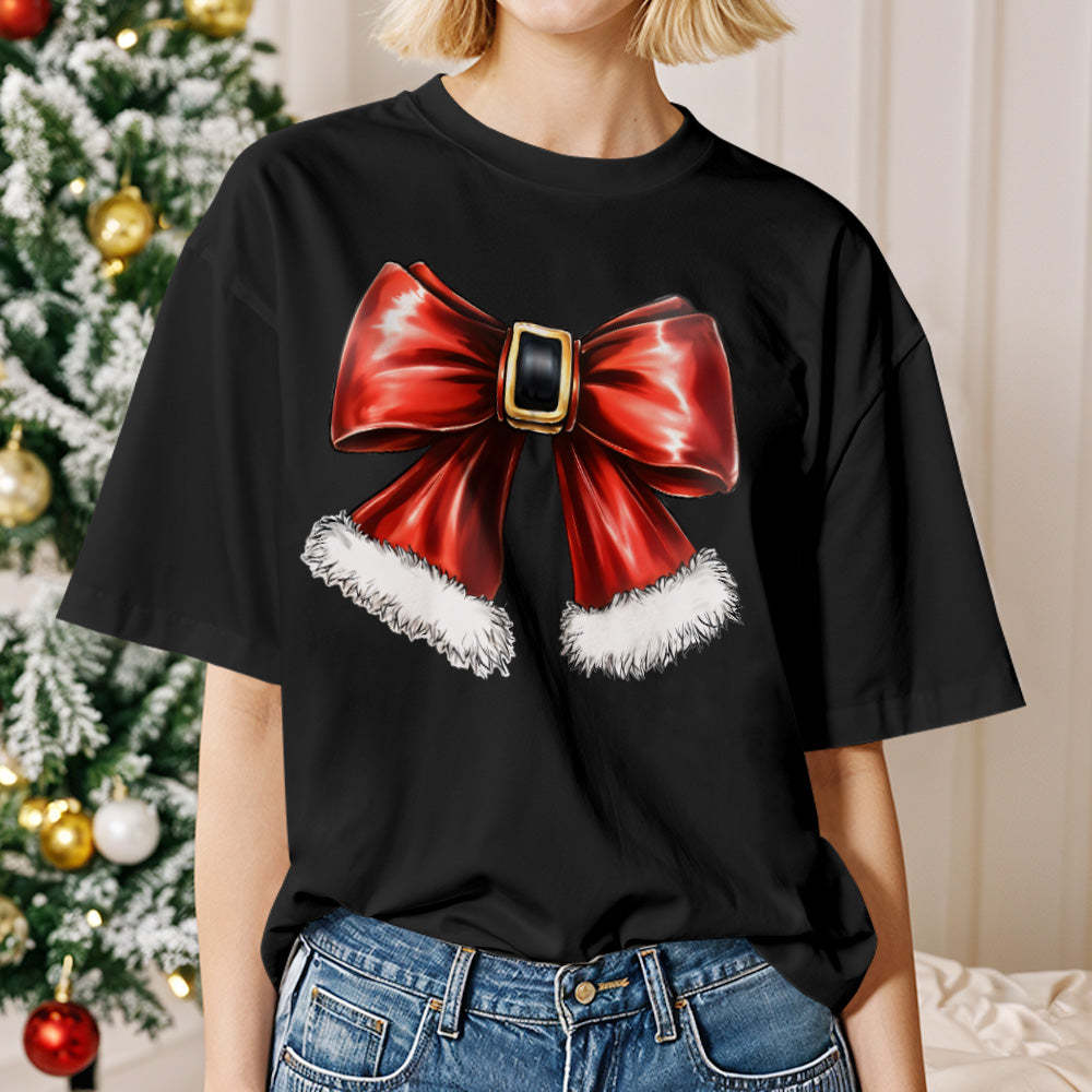 Santa with Sunglasses Funky Tee Cute Christmas Shirt Lights Pink Coquette bow - Bestchristmasgifts