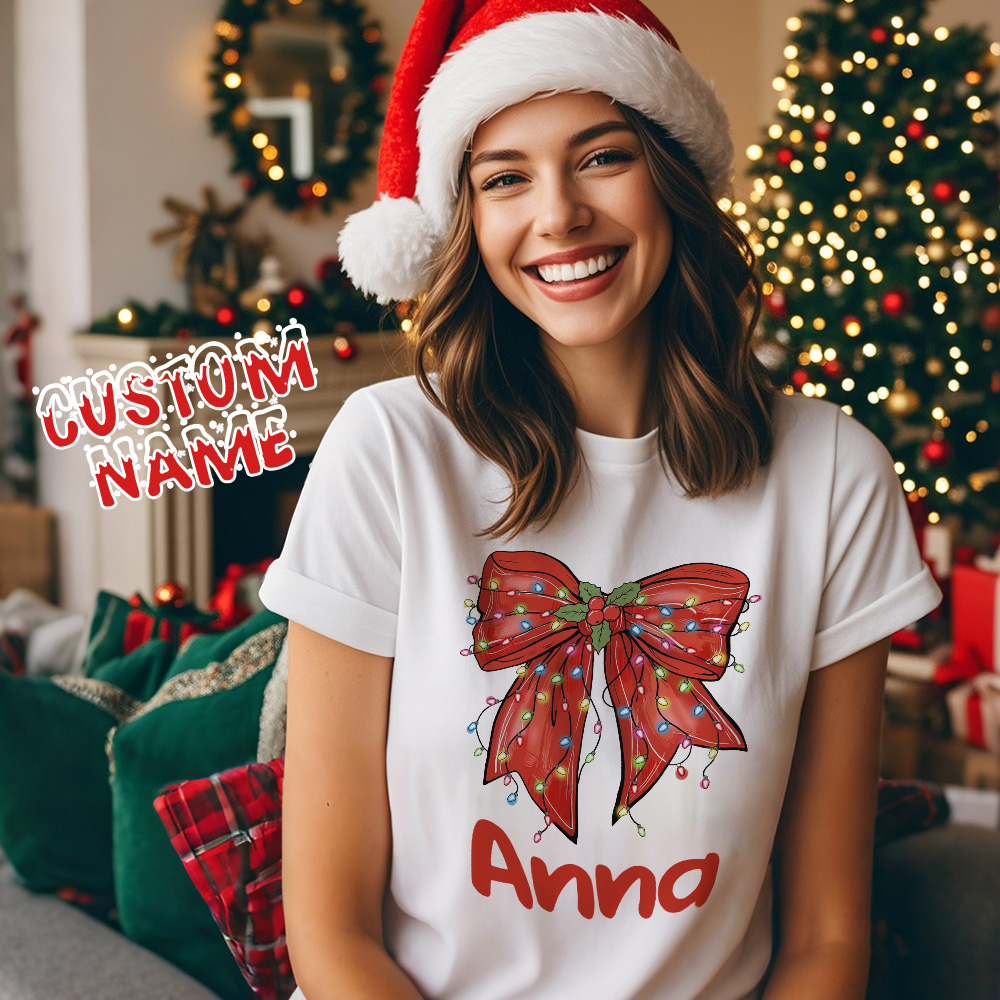 Custom Text T-shirts Christmas Bowknot T-shirt Gift for Family - SantaSocks