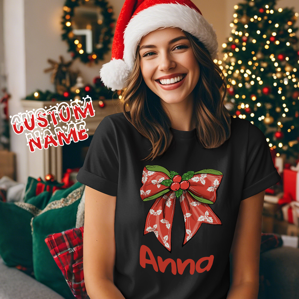 Custom Text T-shirts Christmas Bowknot T-shirt Gift for Family - SantaSocks