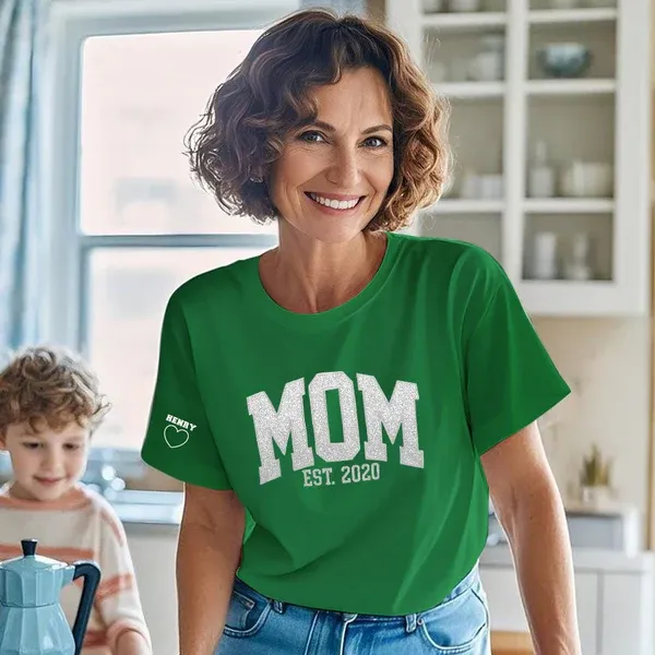 Custom Embroidered Glitter Vinyl MAMA T-shirt Gift For Mom & Grandma	 - MyFaceBoxerUK