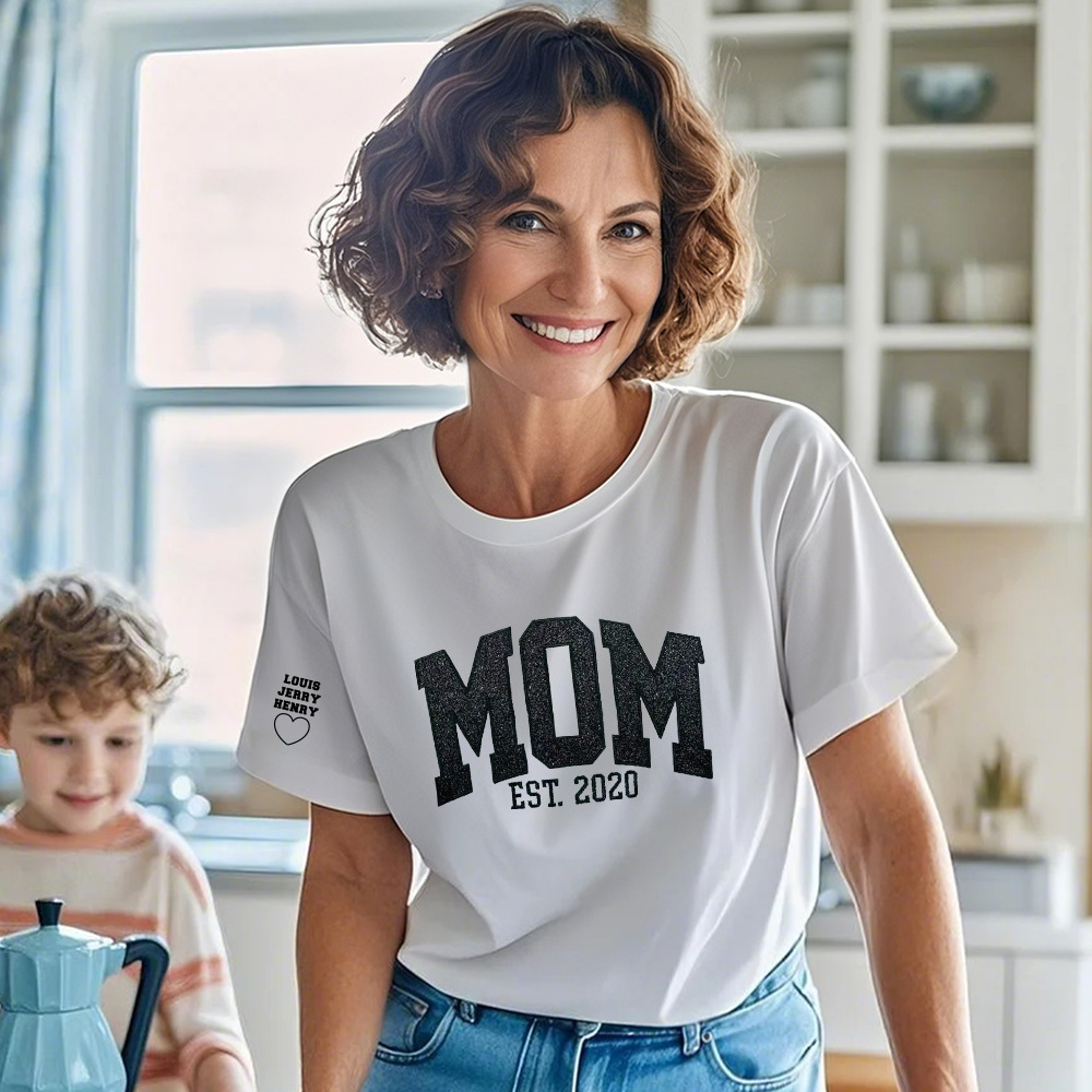 Custom Embroidered Glitter Vinyl MAMA T-shirt Gift For Mom & Grandma	 - MyFaceBoxerUK