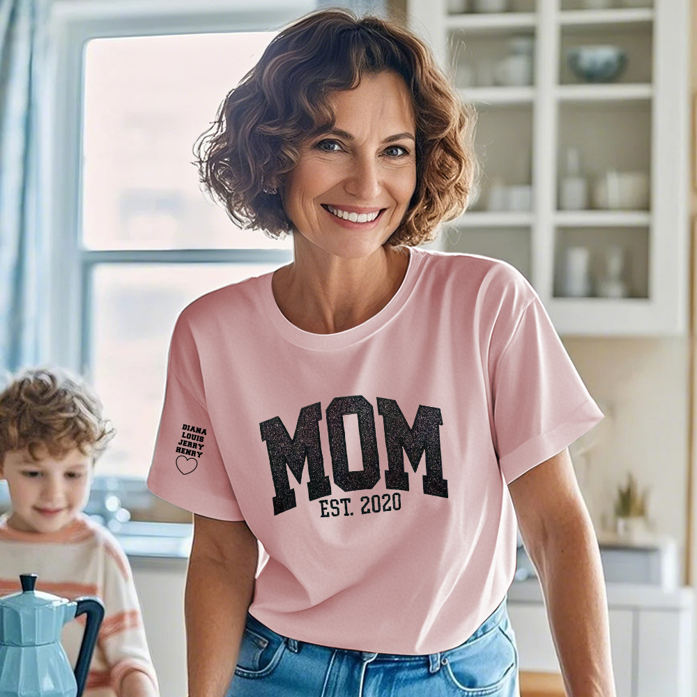 Custom Embroidered Glitter Vinyl MAMA T-shirt Gift For Mom & Grandma	 - MyFaceBoxerUK