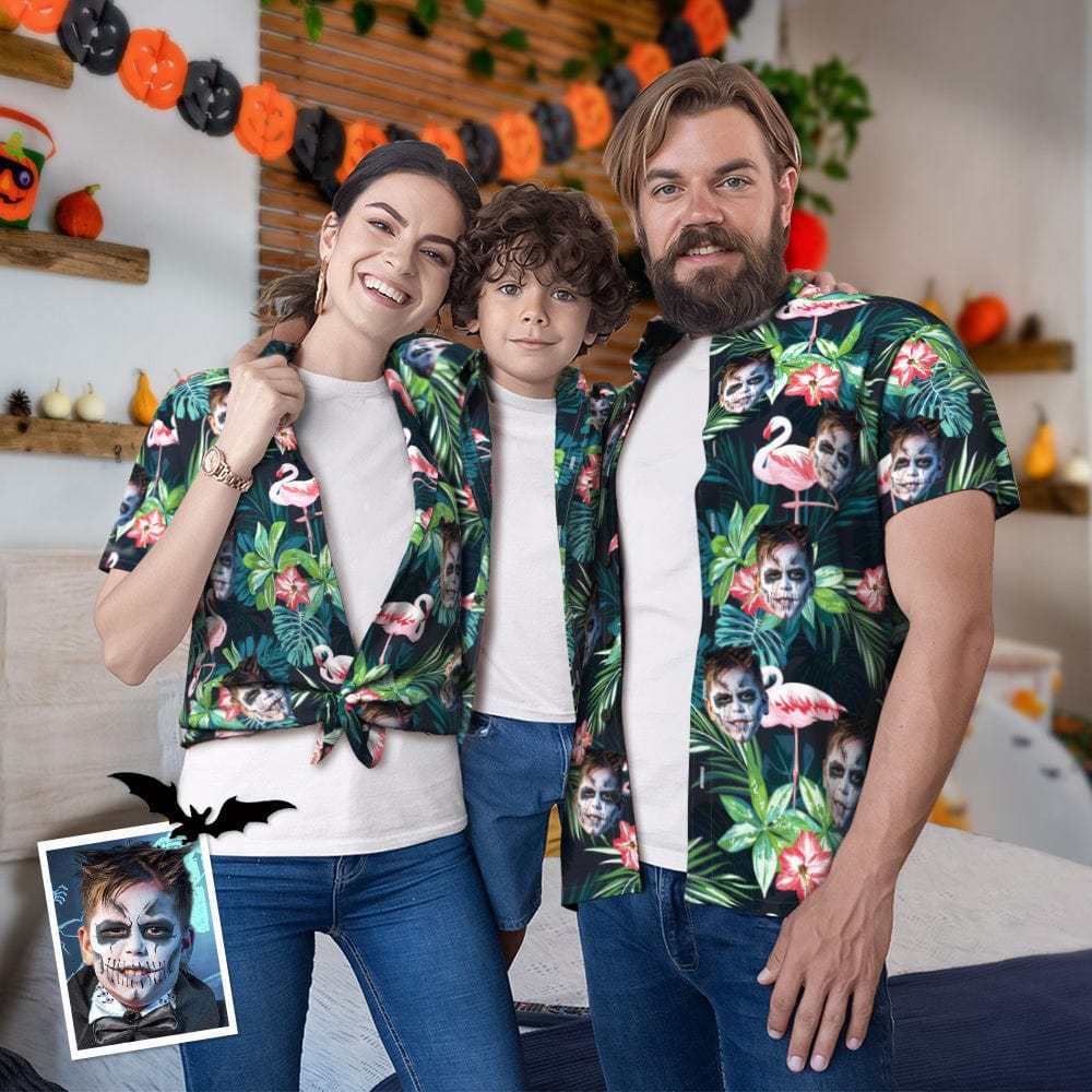 Custom Photo Hawaiian Shirt Parent-child Wears Personalised Face Hawaiian Shirt Gift Flamingo Flower - Giftlab