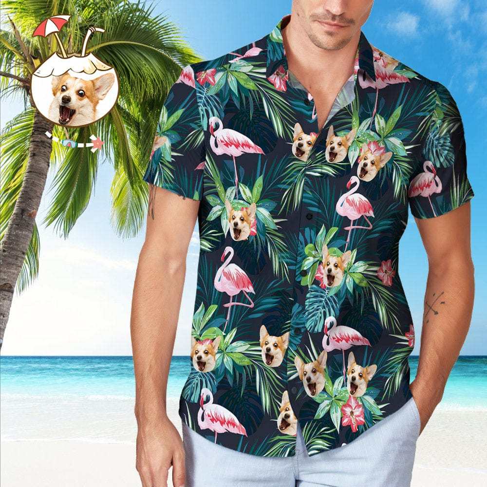 Dog Face on Shirts Custom Hawaiian Shirt with Face Leaves & Flamingo Gifts for Men - Giftlab