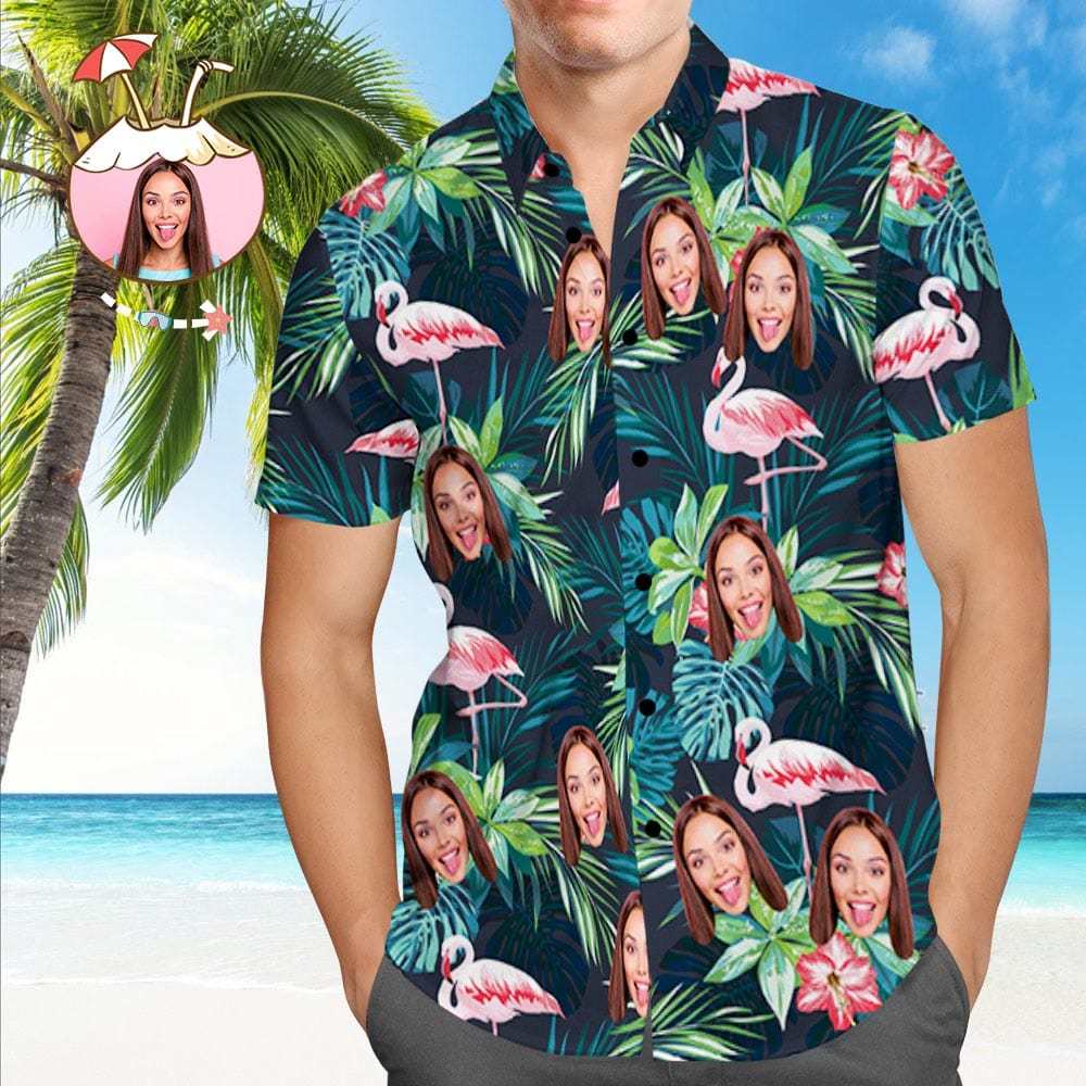 Dog Face on Shirts Custom Hawaiian Shirt with Face Leaves & Flamingo Gifts for Men - Giftlab