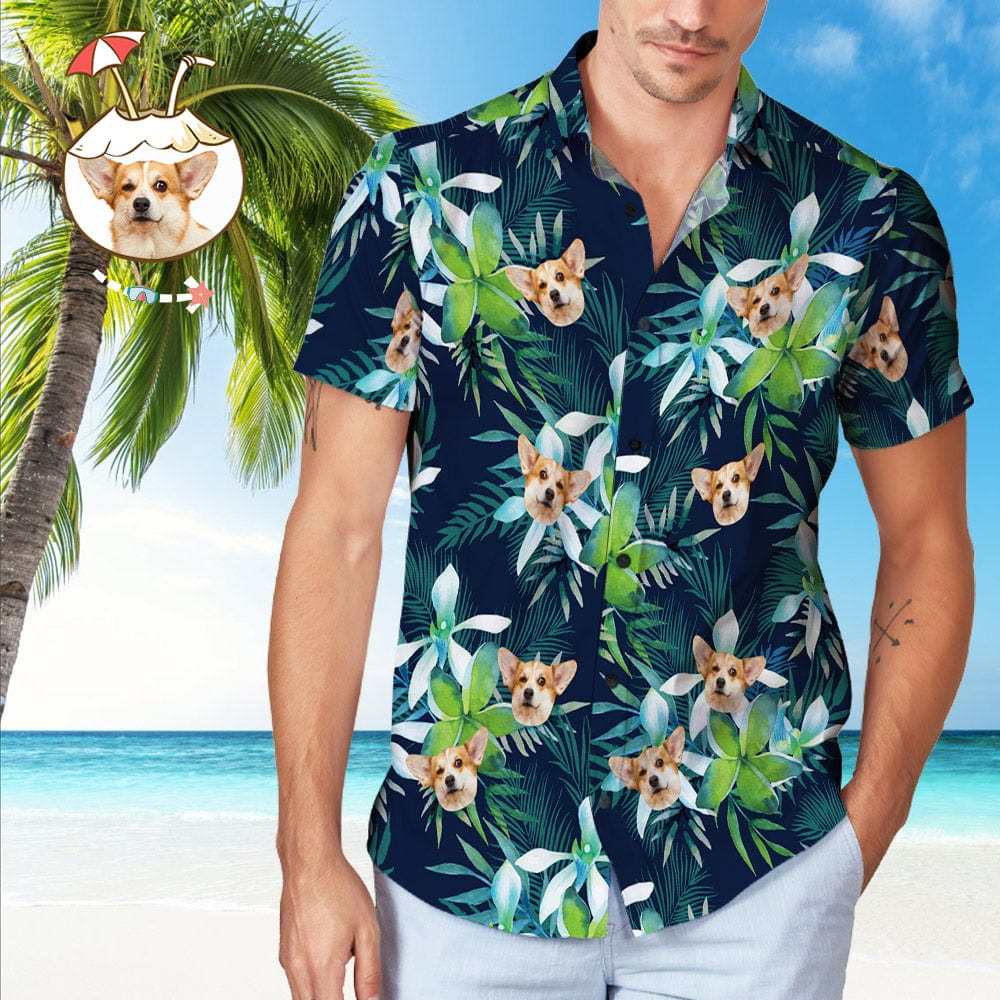 Custom Hawaiian Shirt with Face Custom Dog Face Shirts Tropical Leaves Gifts for Men - Giftlab