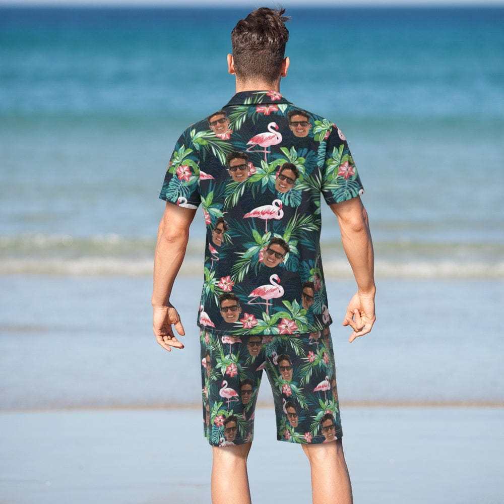 Custom Face Hawaiian Shirt And Beach Shorts Set Personalized Men's Photo Flamingo Flower Set Vacation Party Gift - Giftlab