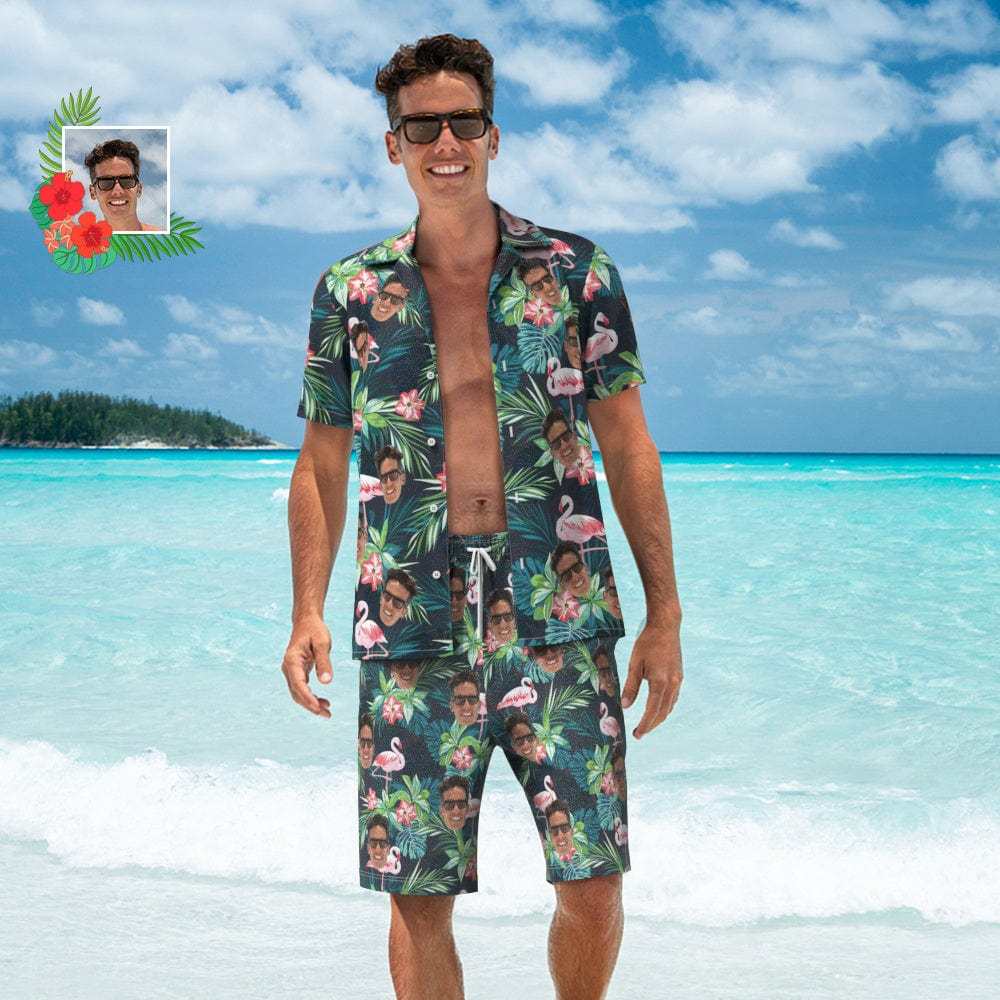 Custom Face Hawaiian Shirt And Beach Shorts Set Personalized Men's Photo Flamingo Flower Set Vacation Party Gift - Giftlab