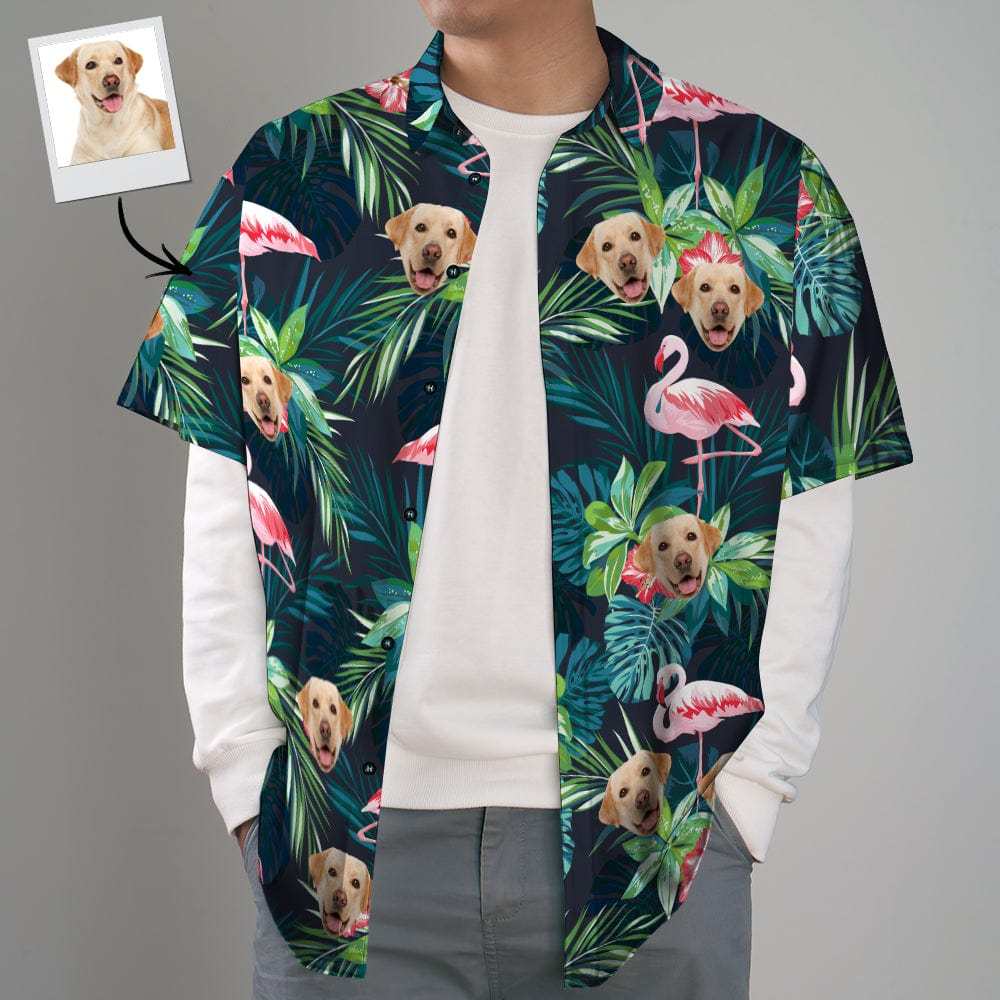 Christmas Gifts Custom Hawaiian Shirt with Face Custom Dog Face Shirt Leaves & Flamingo Button Down Shirts - Giftlab