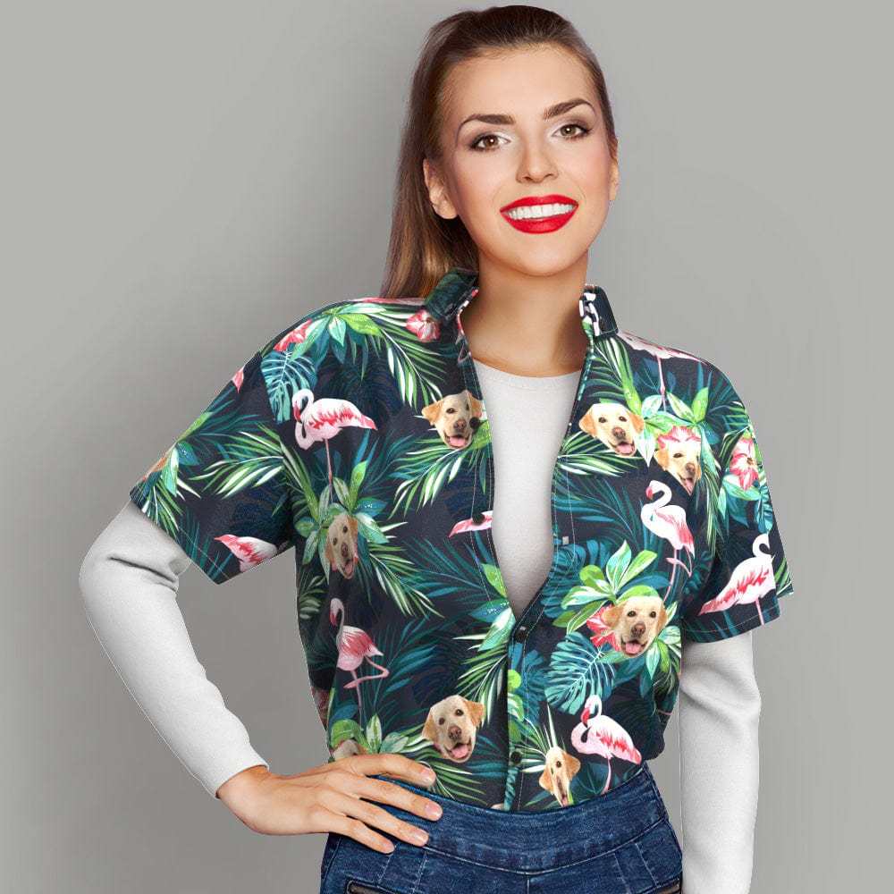 Christmas Gifts Custom Hawaiian Shirt with Face Custom Dog Face Shirt Leaves & Flamingo Button Down Shirts - Giftlab