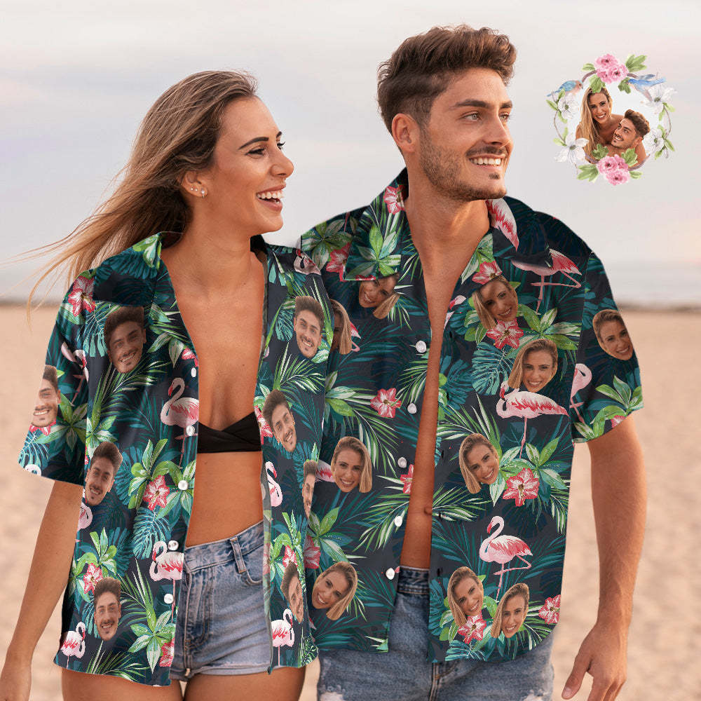 Custom Face Couple Matching Hawaiian Shirts Flamingo Flower Valentine's Day Gift - Bestchristmasgifts