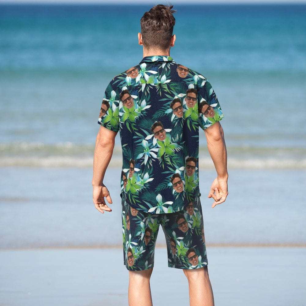 Custom Logo Hawaiian Shirt And Beach Shorts Set Personalized Men's Face Tropical Leaves Set Vacation Party Gift for Company - Giftlab