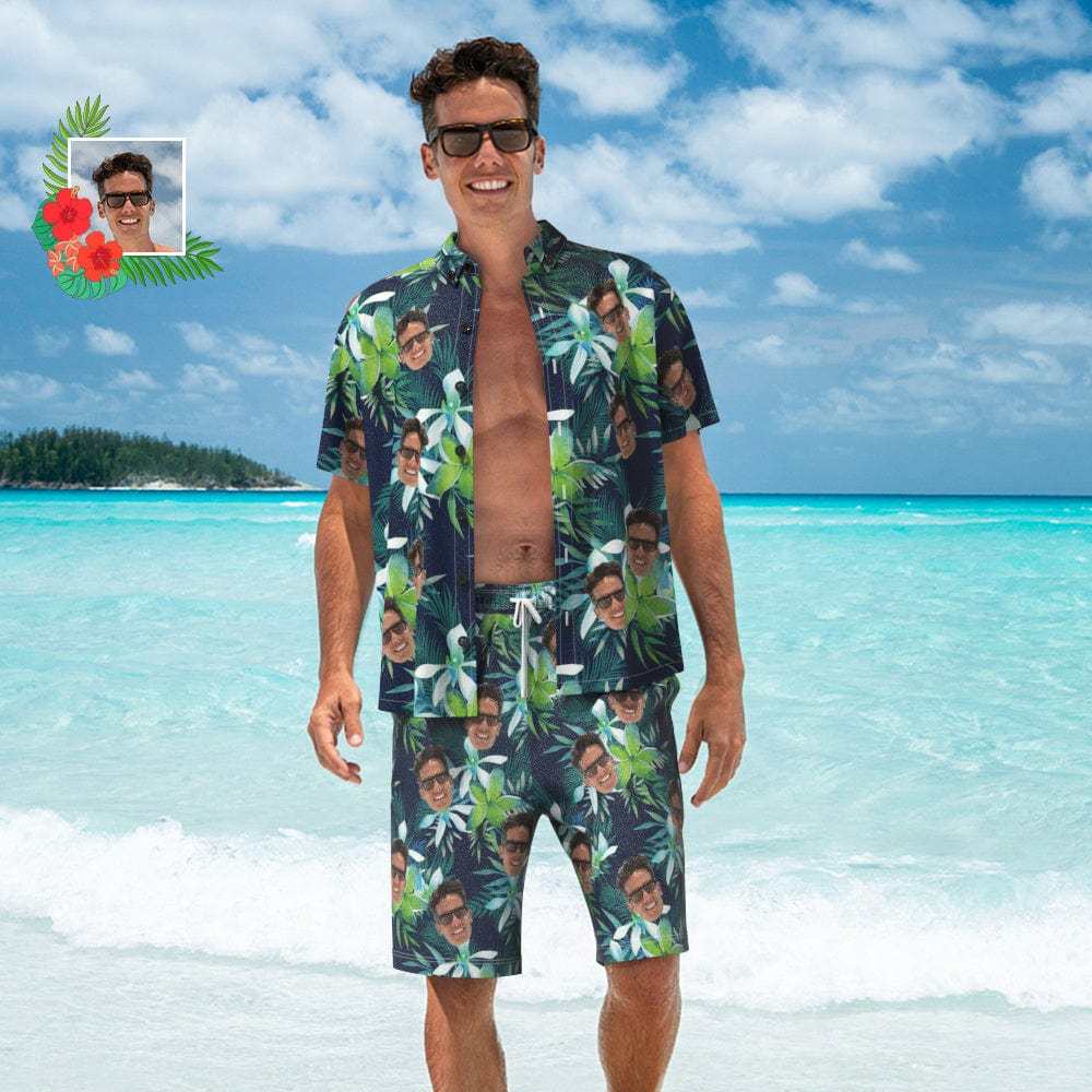 Custom Logo Hawaiian Shirt And Beach Shorts Set Personalized Men's Face Tropical Leaves Set Vacation Party Gift for Company - Giftlab