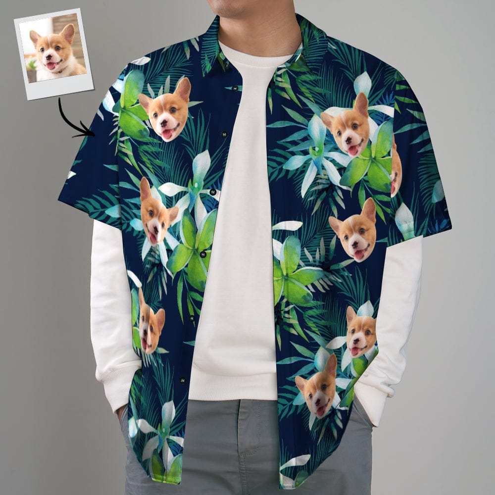 Custom Hawaiian Shirt with Face Custom Dog Face Hawaiian Shirt Leaves Tropical Shirts for Gift - Giftlab