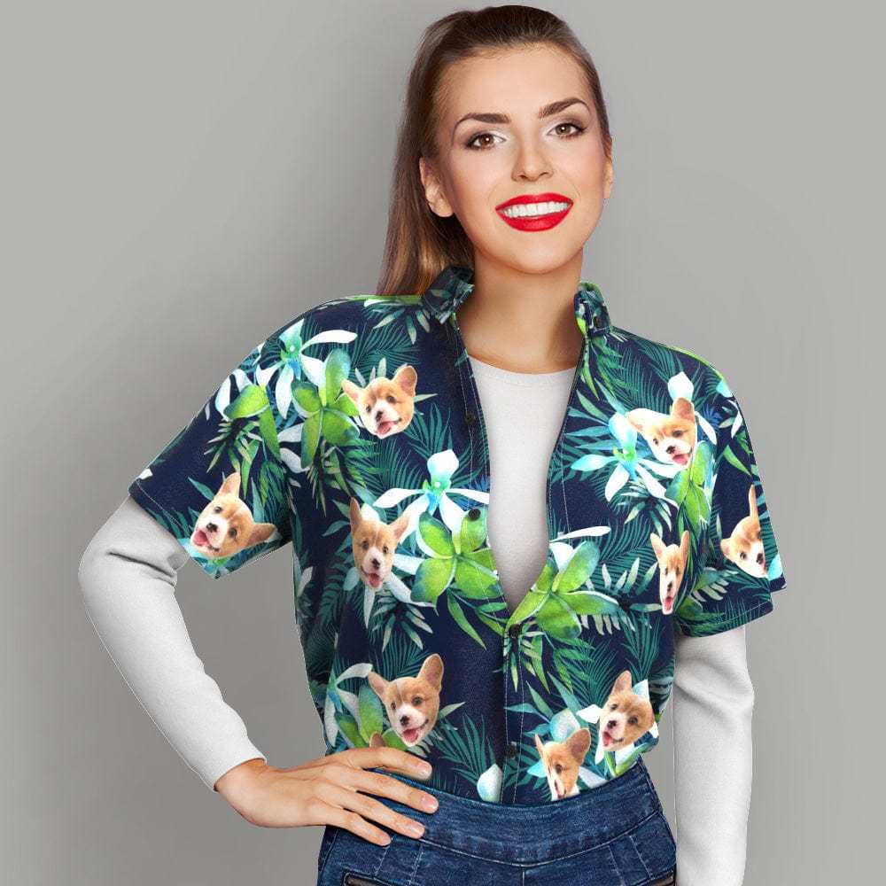Custom Hawaiian Shirt with Face Custom Dog Face Hawaiian Shirt Leaves Tropical Shirts for Gift - Giftlab