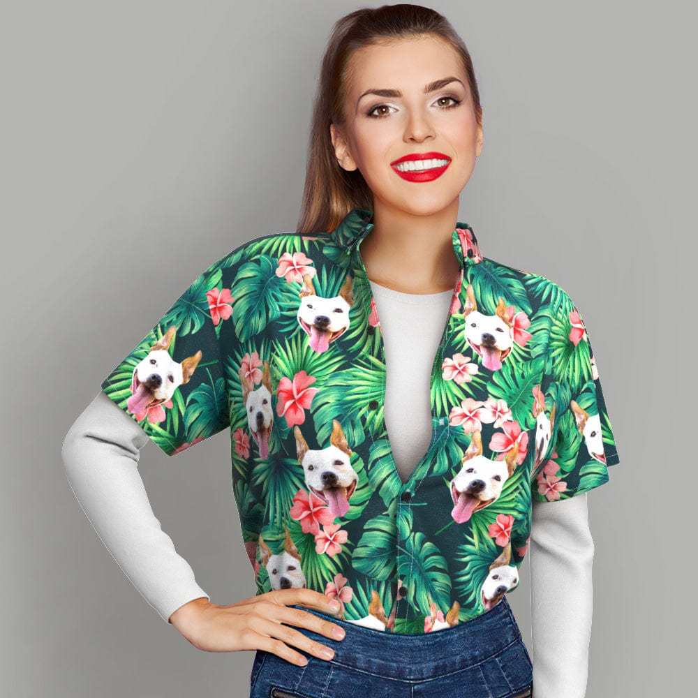 Custom Tropical Shirts Custom Dog Face Hawaiian Shirt Leaves & Flowers Shirt - Giftlab