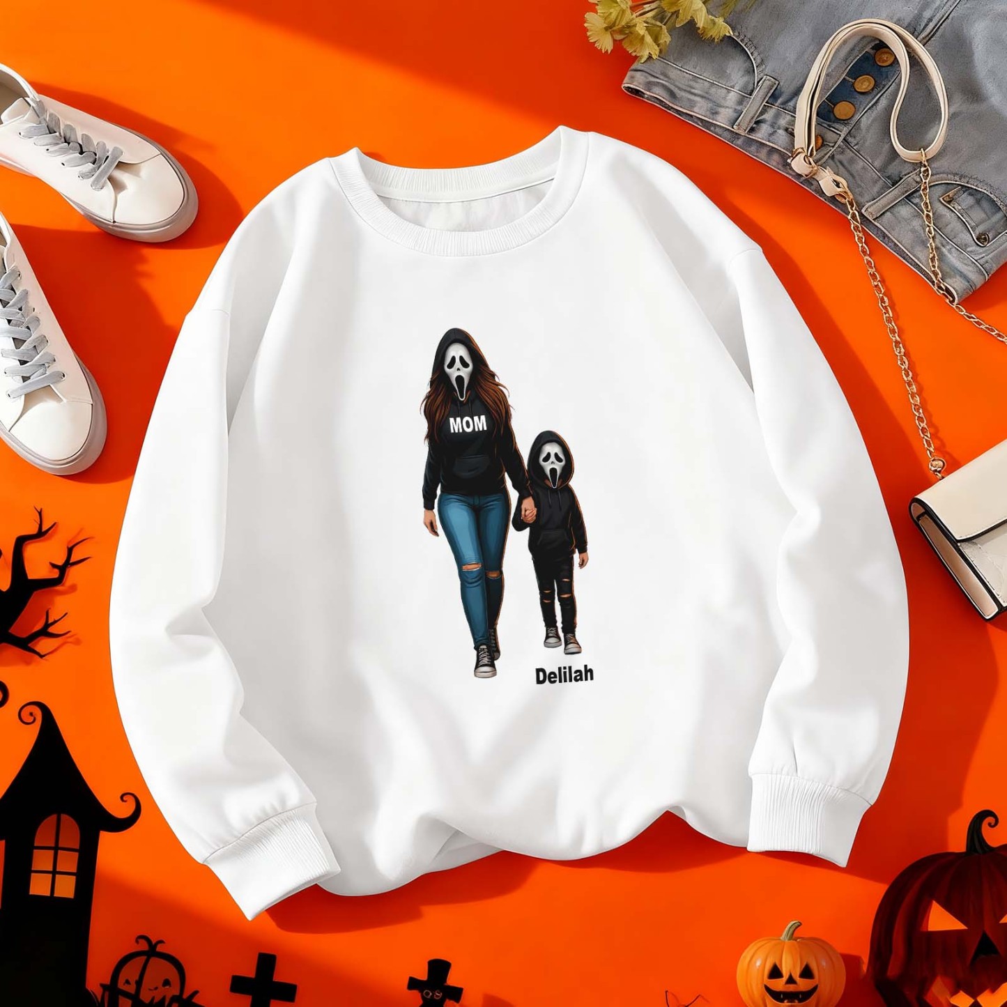 Halloween Horror Mama Custom Kids Name Sweatshirt, Custom Spooky Mama Hoodie, Family Spooky Season Sweaters, Killer Halloween Hooded