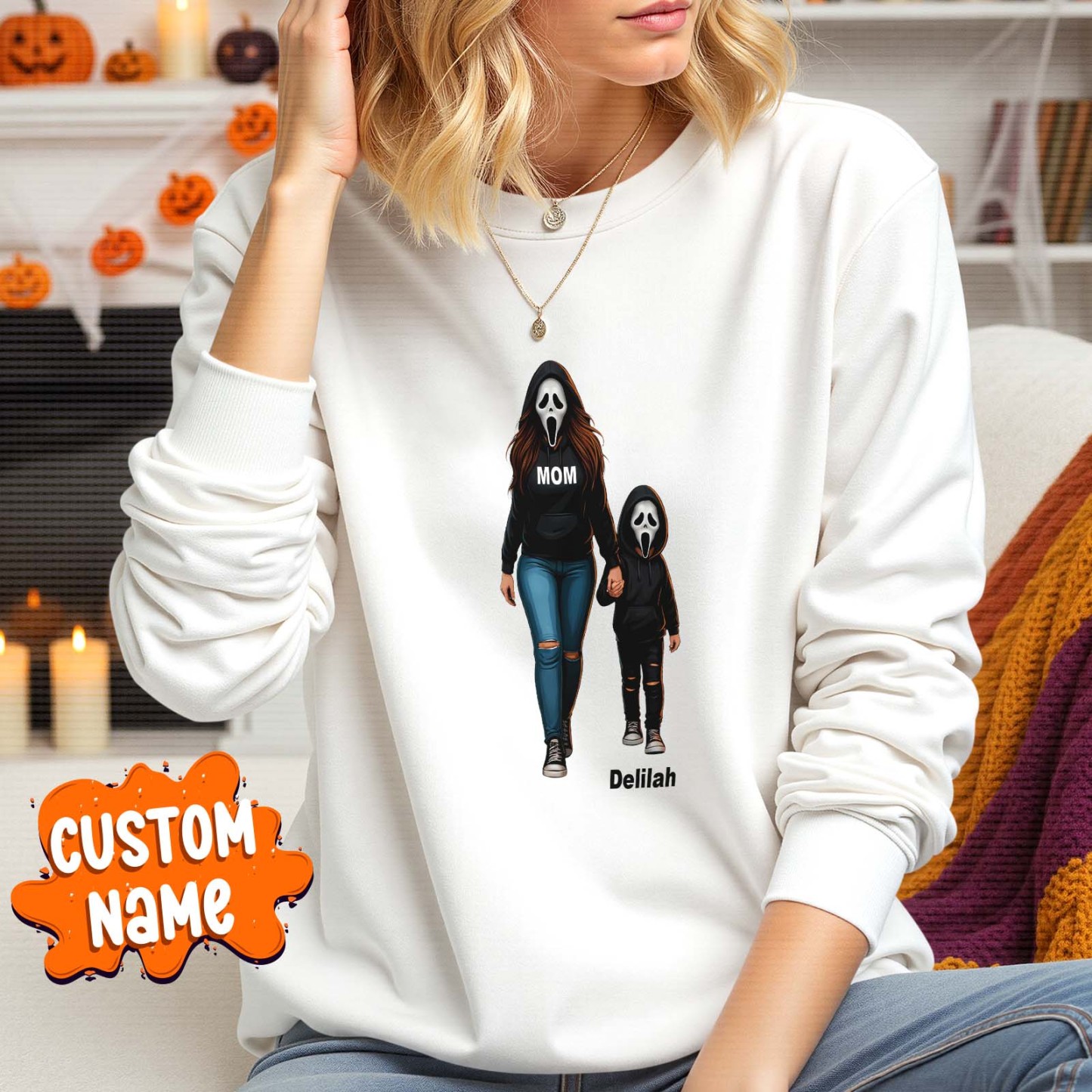 Halloween Horror Mama Custom Kids Name Sweatshirt, Custom Spooky Mama Hoodie, Family Spooky Season Sweaters, Killer Halloween Hooded