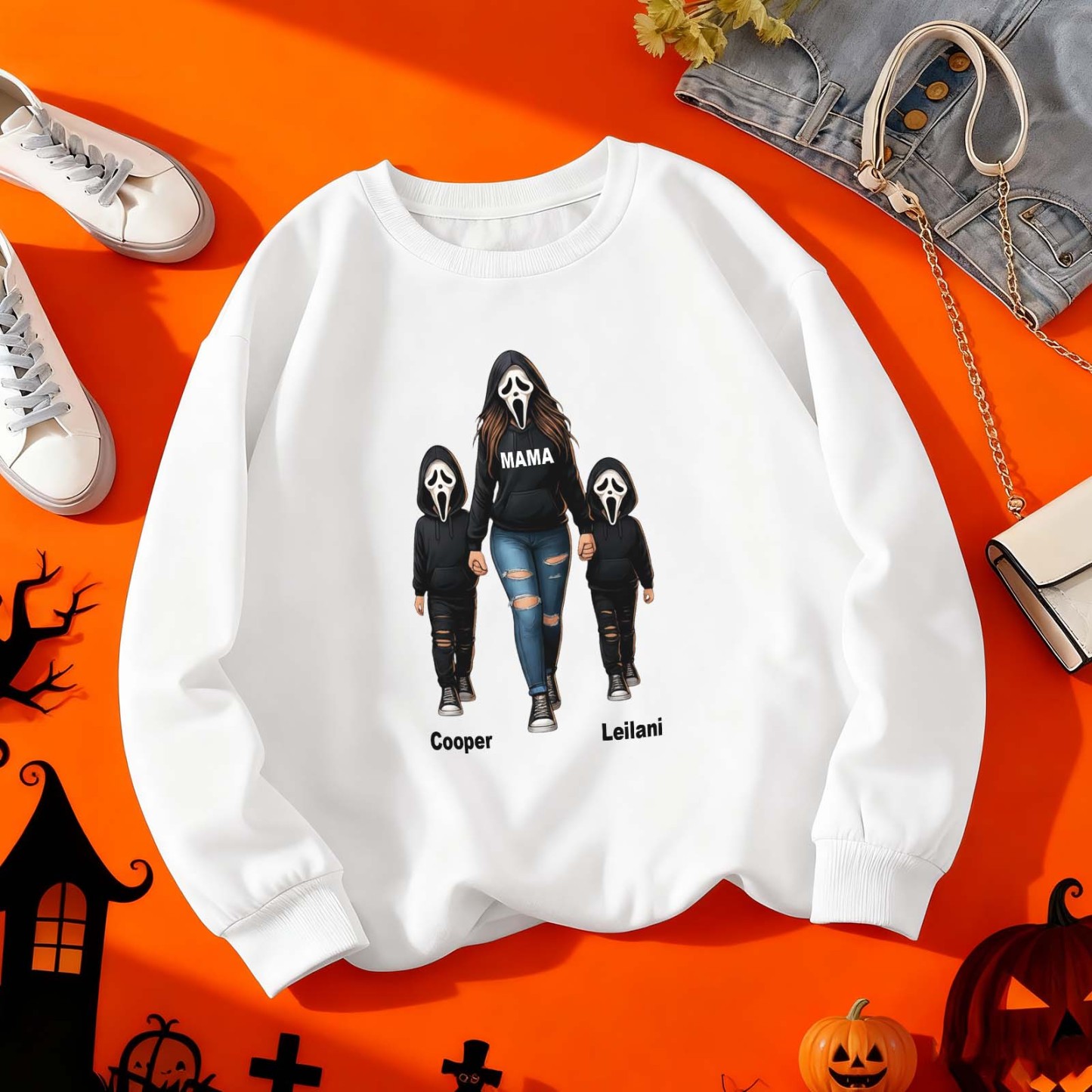 Halloween Horror Mama Custom Kids Name Sweatshirt, Custom Spooky Mama Hoodie, Family Spooky Season Sweaters, Killer Halloween Hooded