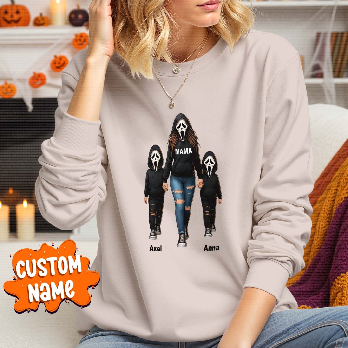 Halloween Horror Mama Custom Kids Name Sweatshirt, Custom Spooky Mama Hoodie, Family Spooky Season Sweaters, Killer Halloween Hooded