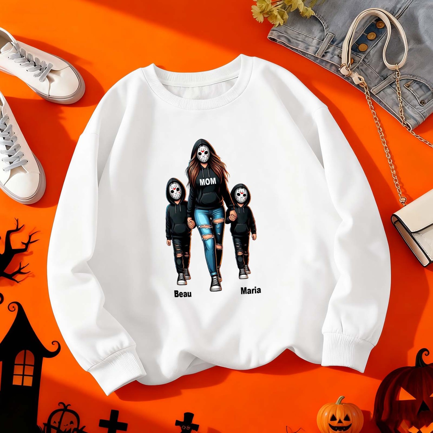 Halloween Horror Mama Custom Kids Name Sweatshirt, Custom Spooky Mama Hoodie, Family Spooky Season Sweaters, Killer Halloween Hooded