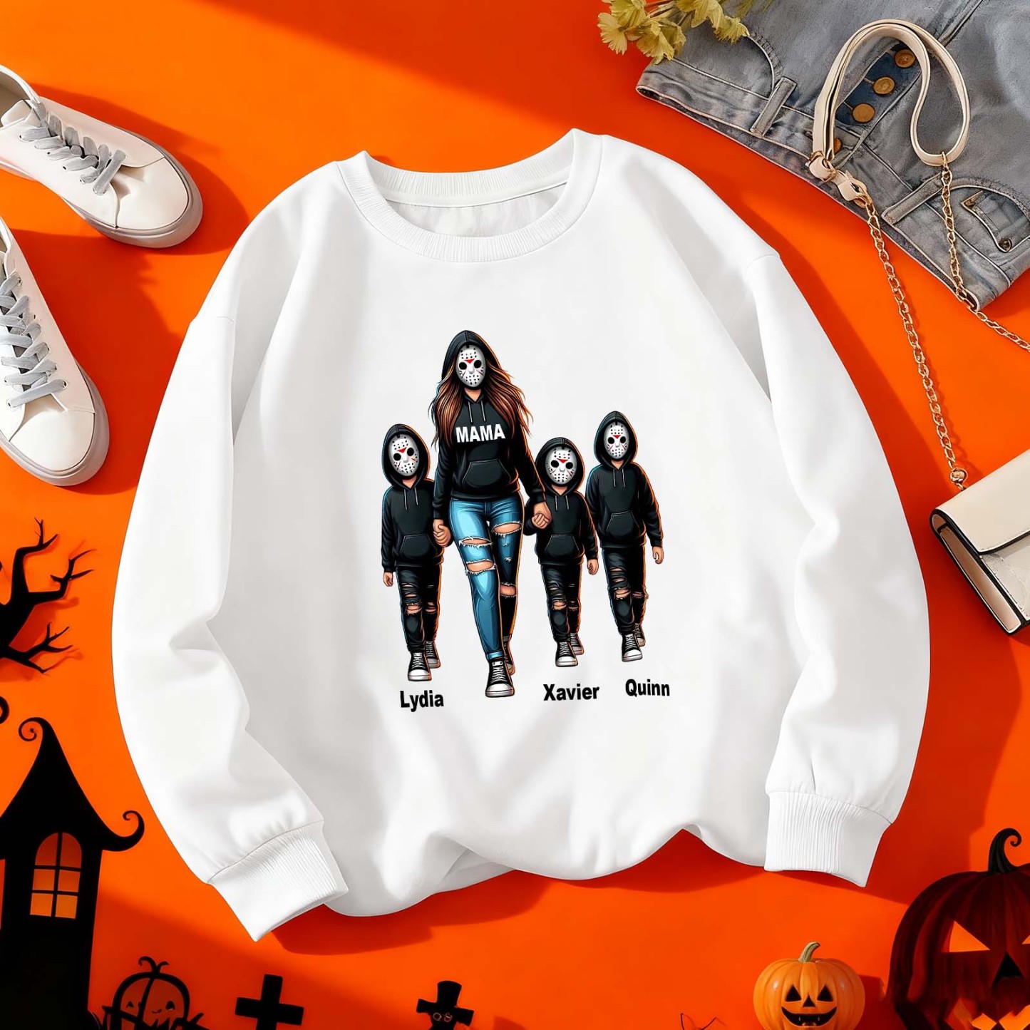 Halloween Horror Mama Custom Kids Name Sweatshirt, Custom Spooky Mama Hoodie, Family Spooky Season Sweaters, Killer Halloween Hooded