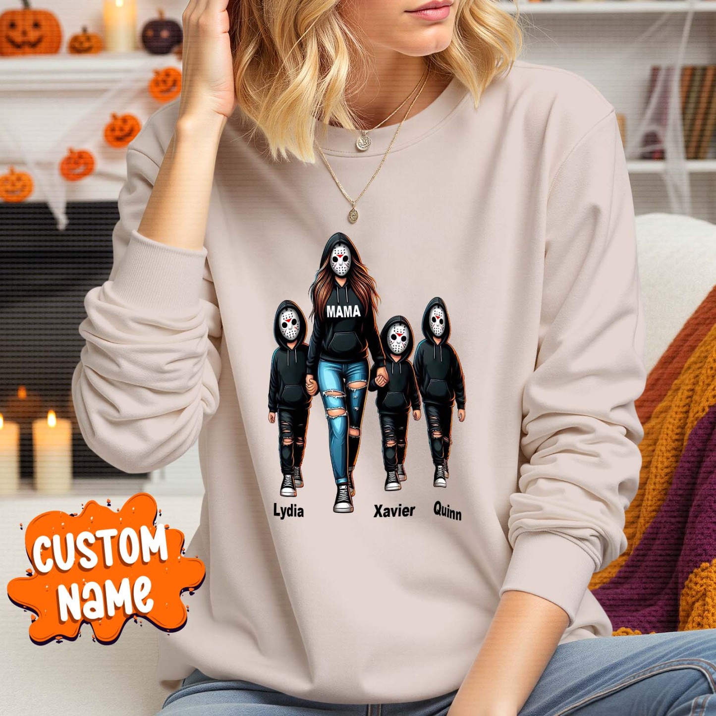 Halloween Horror Mama Custom Kids Name Sweatshirt, Custom Spooky Mama Hoodie, Family Spooky Season Sweaters, Killer Halloween Hooded