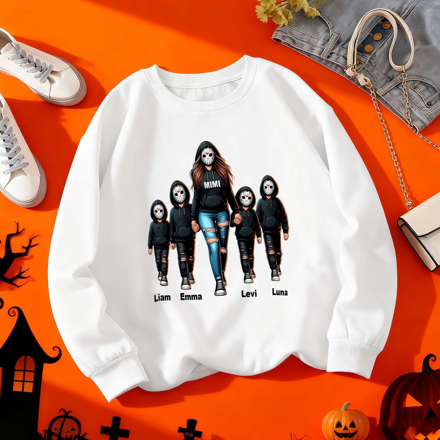 Halloween Horror Mama Custom Kids Name Sweatshirt, Custom Spooky Mama Hoodie, Family Spooky Season Sweaters, Killer Halloween Hooded