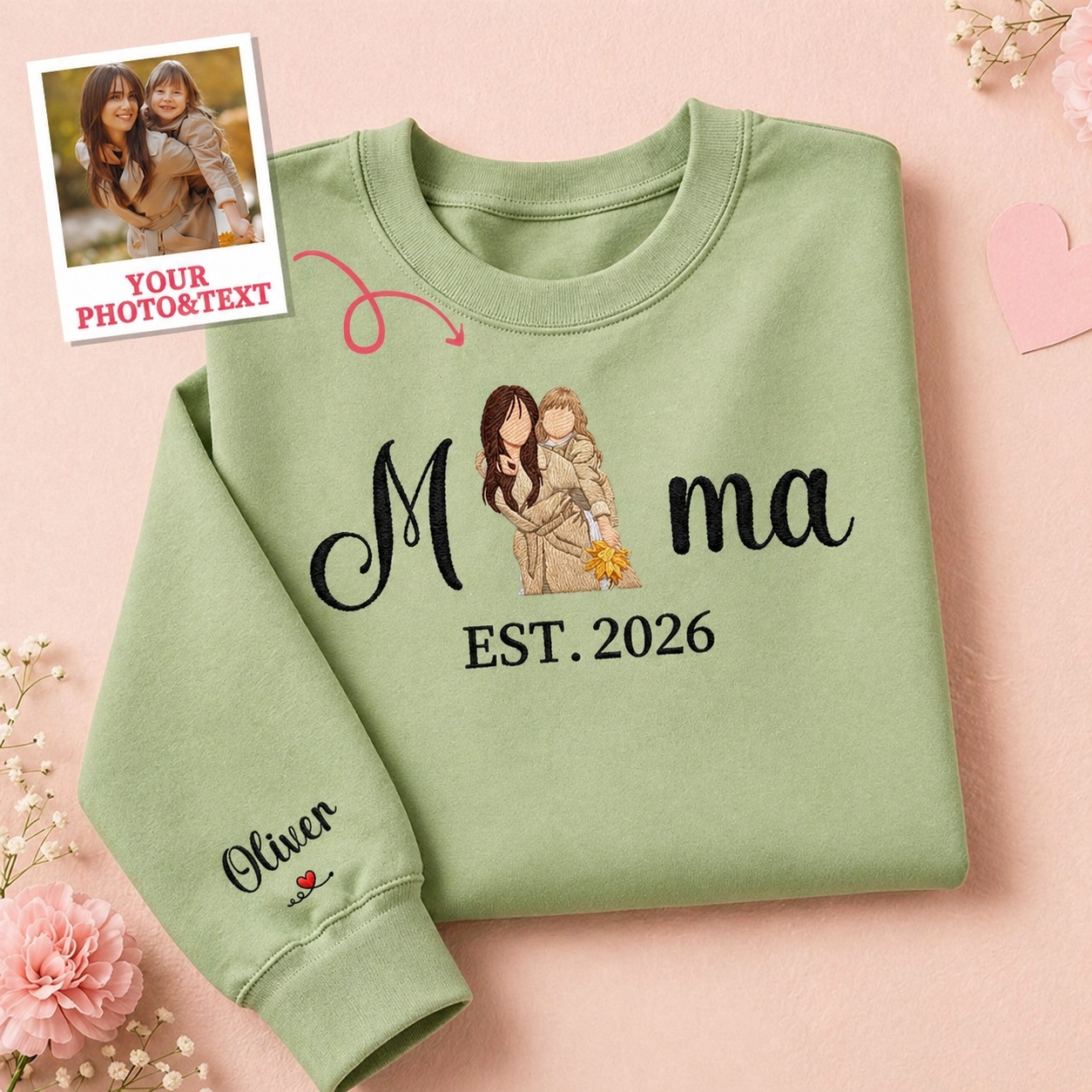 Custom Embroidered Mum Sweatshirt with Mum Kids Portrait - Bestchristmasgifts
