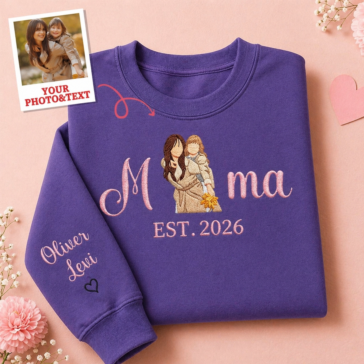 Custom Embroidered Mum Sweatshirt with Mum Kids Portrait - Bestchristmasgifts