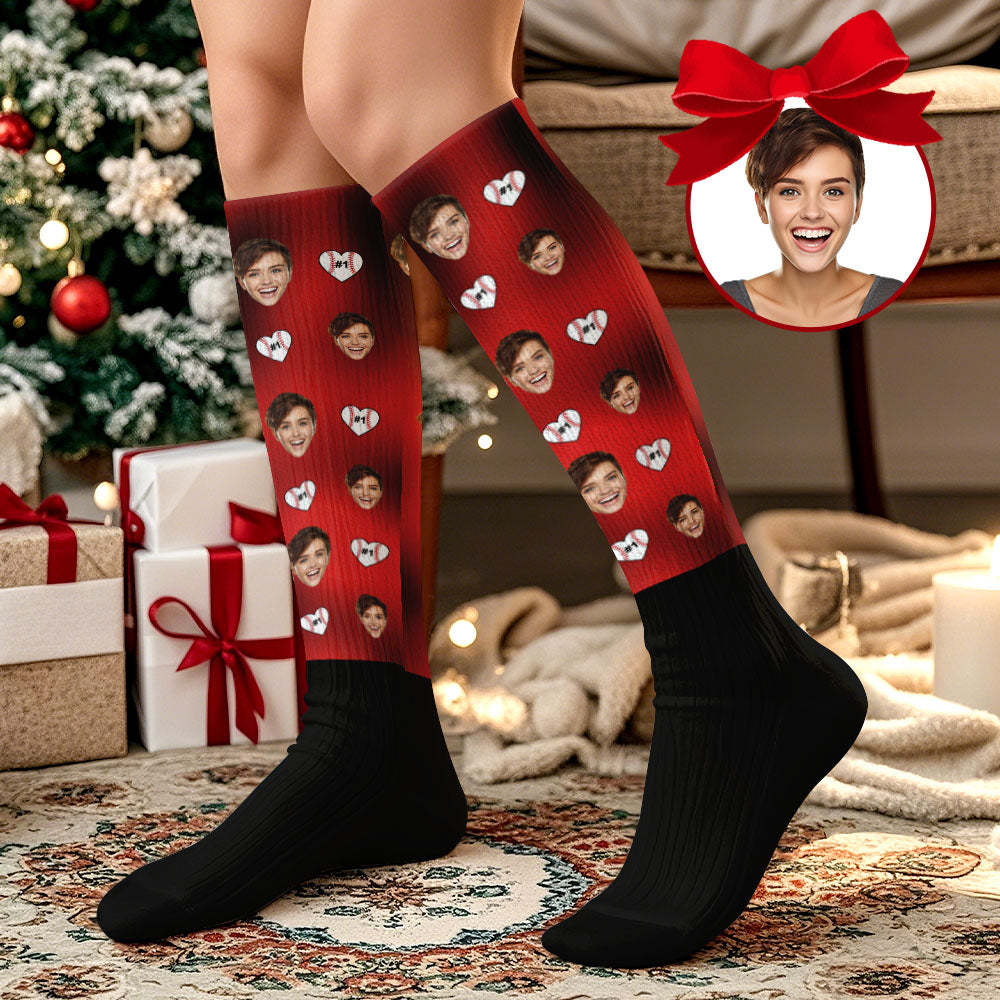 Christmas Gifts Custom Face Knee High Socks Personalized Xmas Socks Merry Christmas Heart Full Face - Bestchristmasgifts