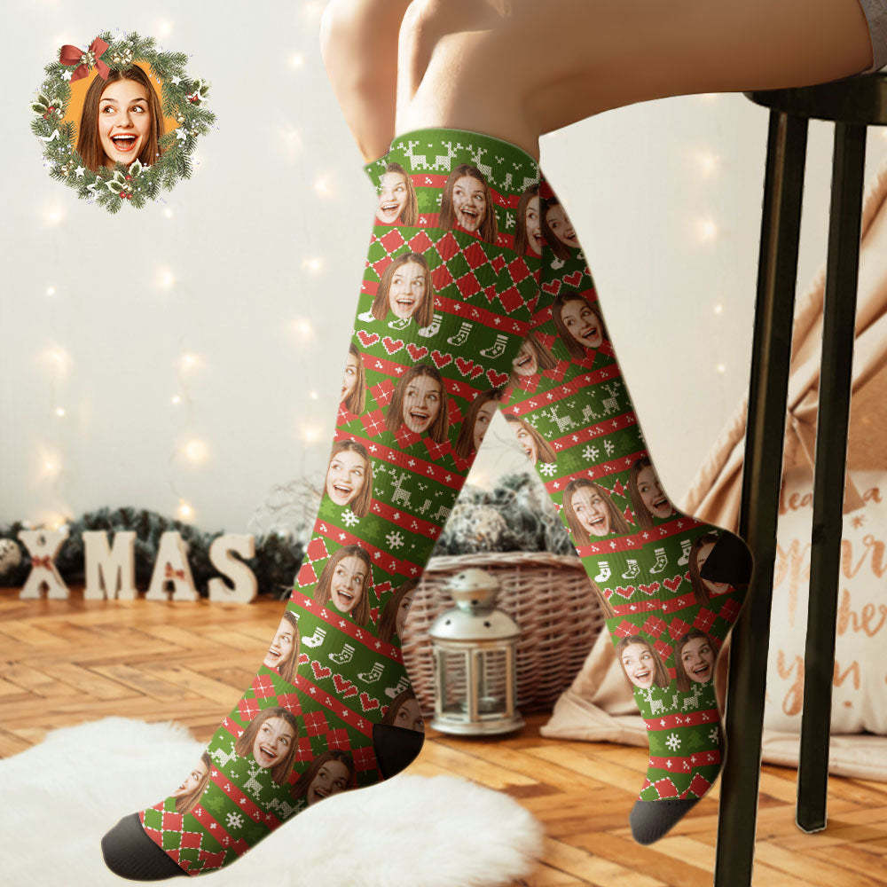 Custom Knee High Socks Personalized Face Christmas Socks Special Lines Add Pictrues - Bestchristmasgifts