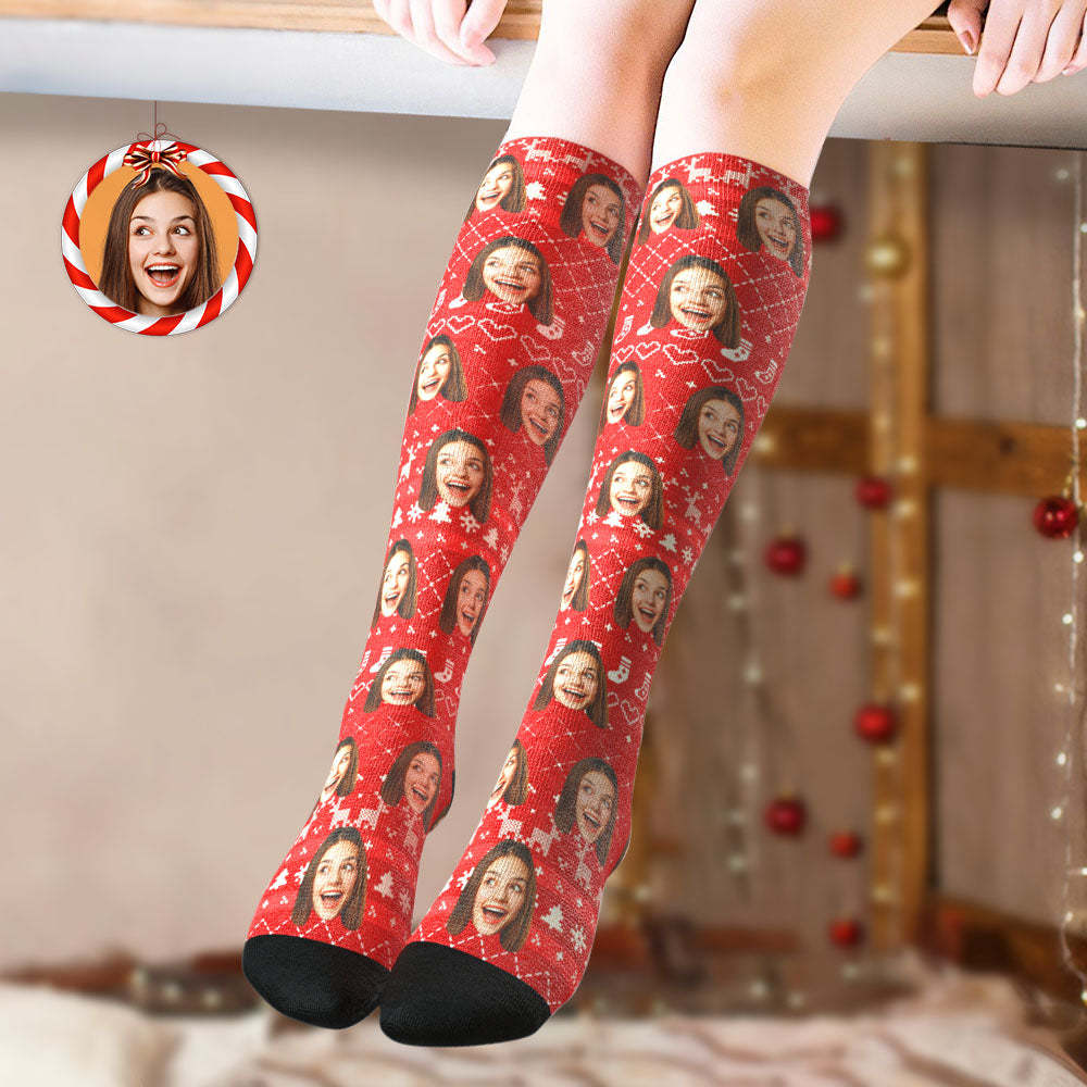 Custom Knee High Socks Personalized Face Christmas Socks Special Lines Add Pictrues - Bestchristmasgifts