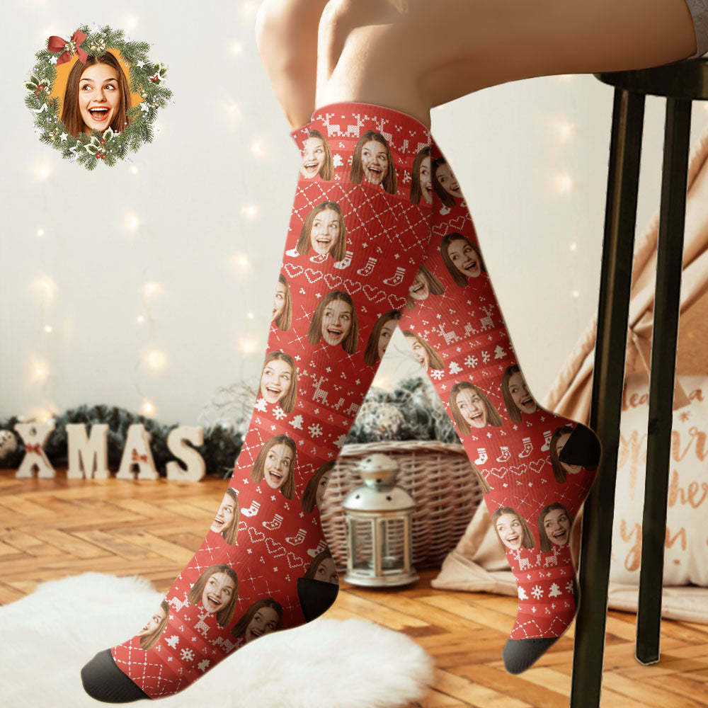 Custom Knee High Socks Personalized Face Christmas Socks Special Lines Add Pictrues - Bestchristmasgifts