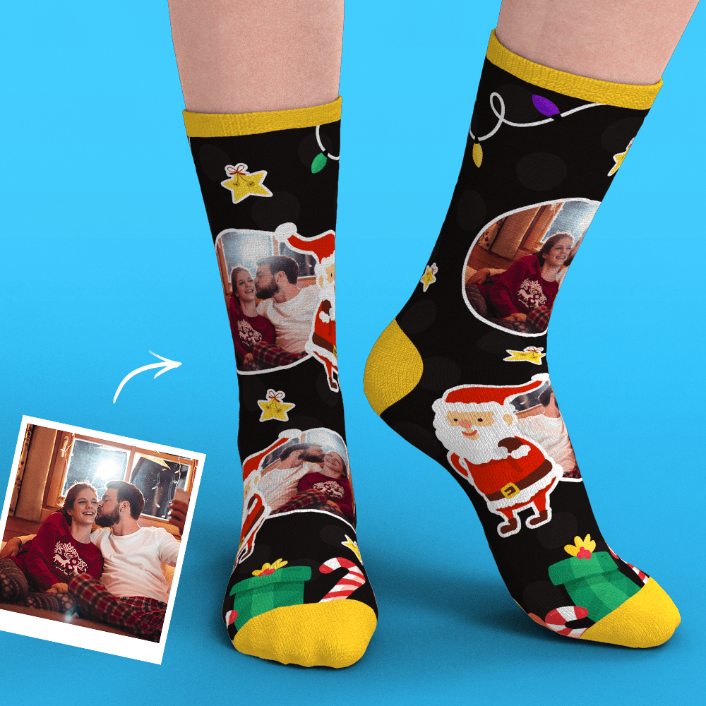 Christmas Custom Face Socks With Santa Claus Gifts And Stars