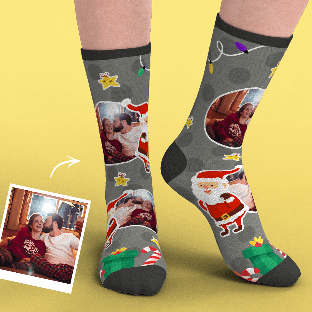 Christmas Custom Face Socks With Santa Claus Gifts And Stars