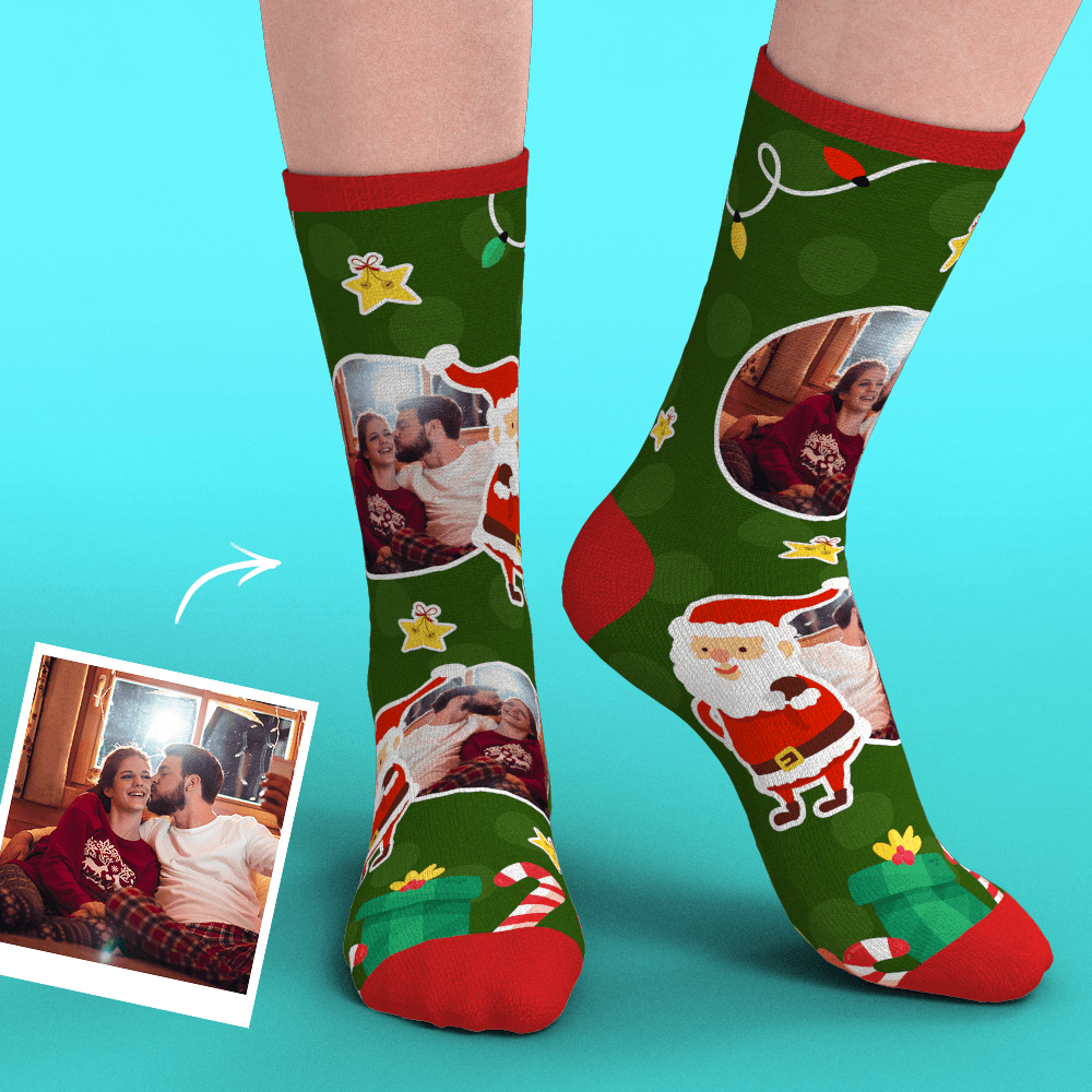 Christmas Custom Face Socks With Santa Claus Gifts And Stars
