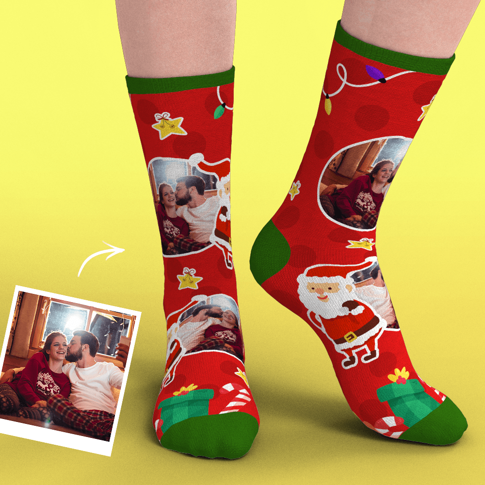 Christmas Custom Face Socks With Santa Claus Gifts And Stars