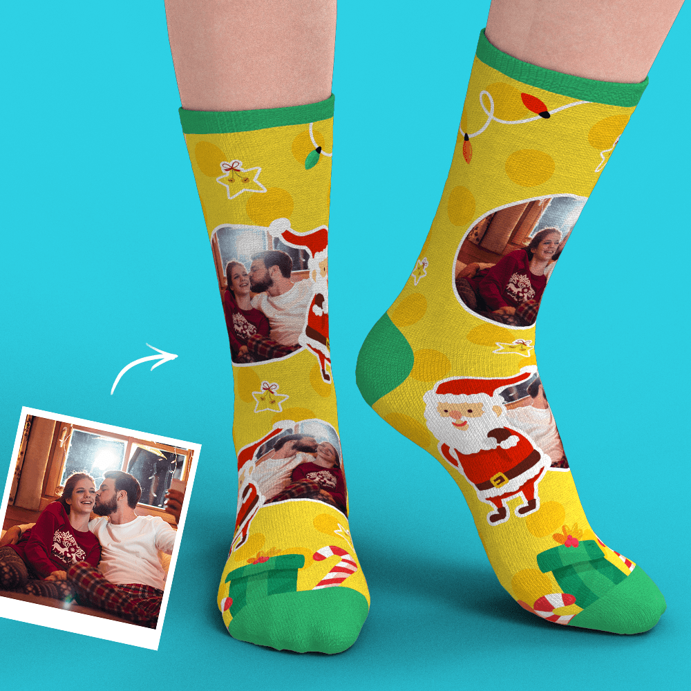 Christmas Custom Face Socks With Santa Claus Gifts And Stars