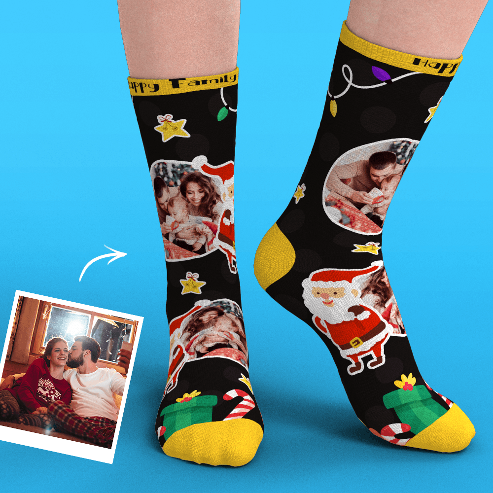 Christmas Custom Face Socks With Santa Claus Gifts And Stars