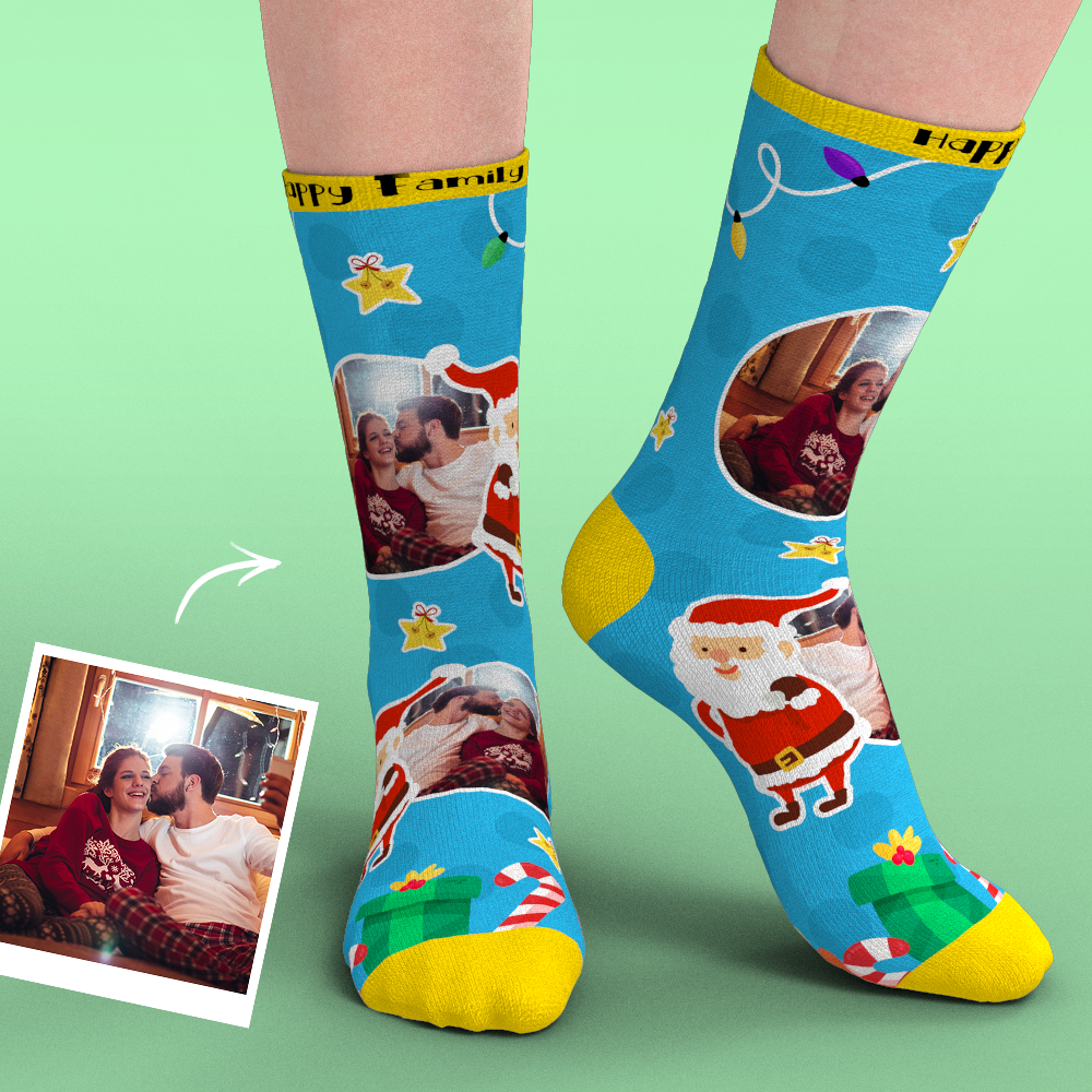 Christmas Custom Face Socks With Santa Claus Gifts And Stars