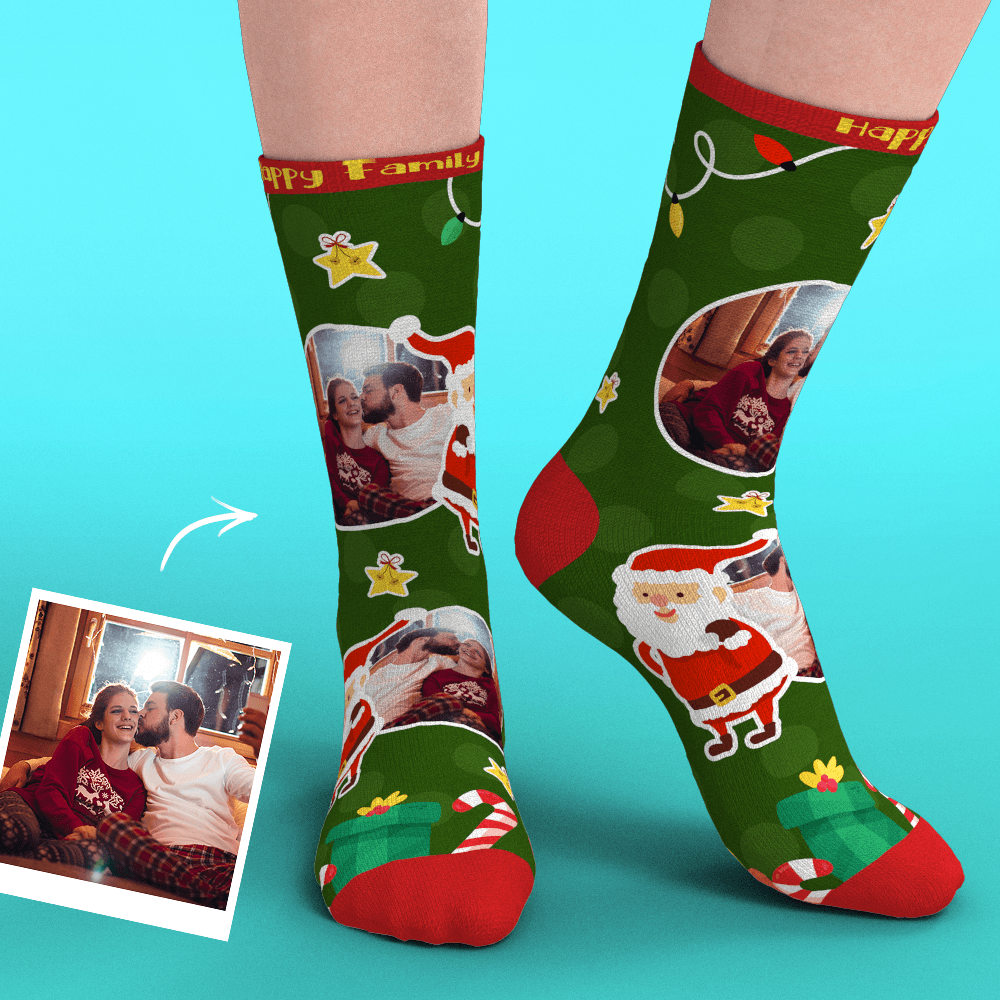 Christmas Custom Face Socks With Santa Claus Gifts And Stars