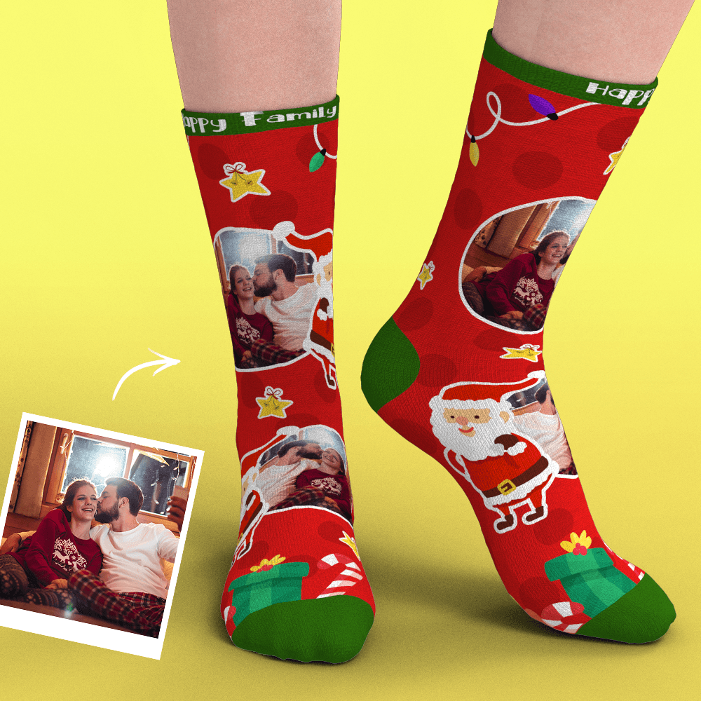 Christmas Custom Face Socks With Santa Claus Gifts And Stars