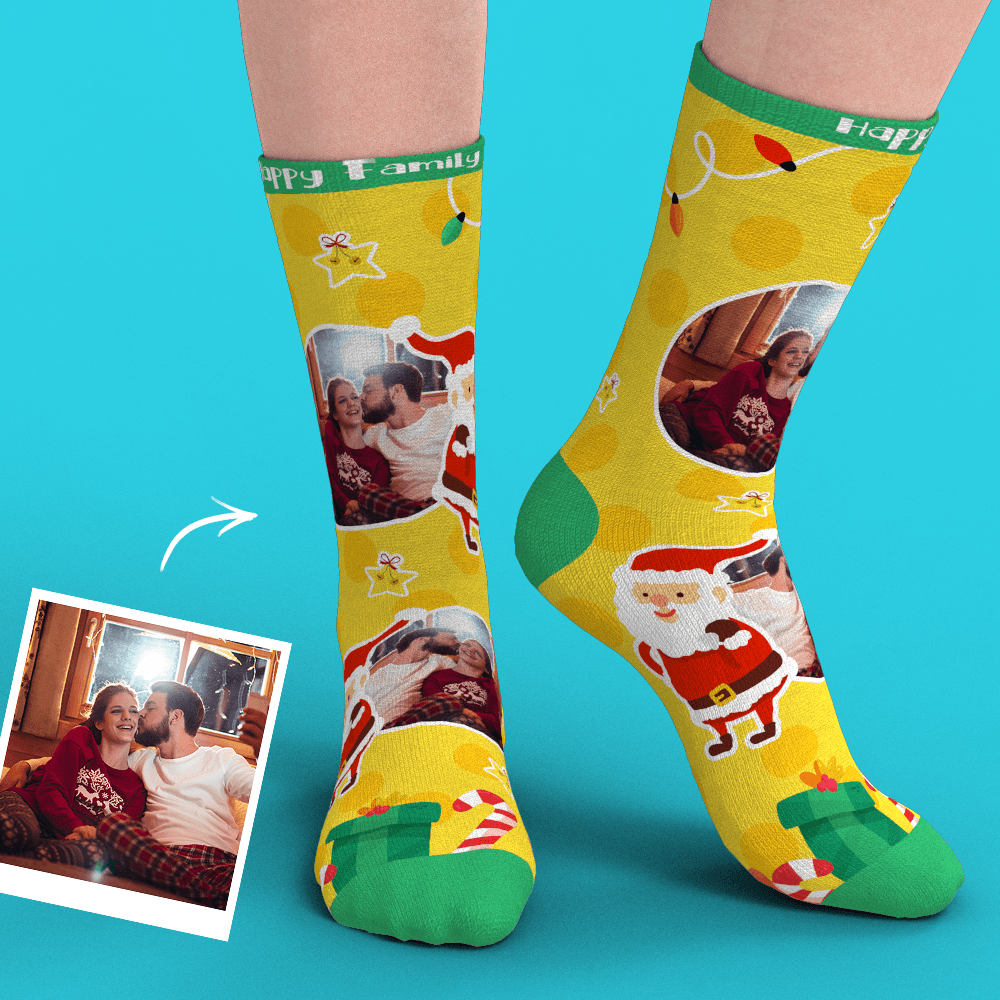 Christmas Custom Face Socks With Santa Claus Gifts And Stars