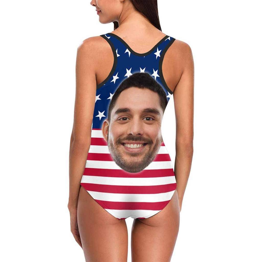 Custom American Flag Swimsuit With Boyfriend Face Women Swimsuit Face Bathing Suit - Giftlab