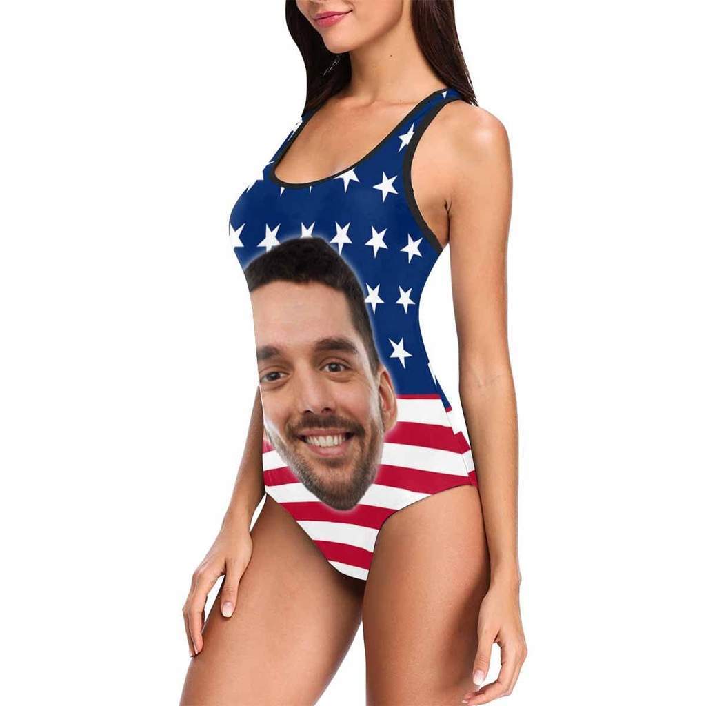 Custom American Flag Swimsuit With Boyfriend Face Women Swimsuit Face Bathing Suit - Giftlab