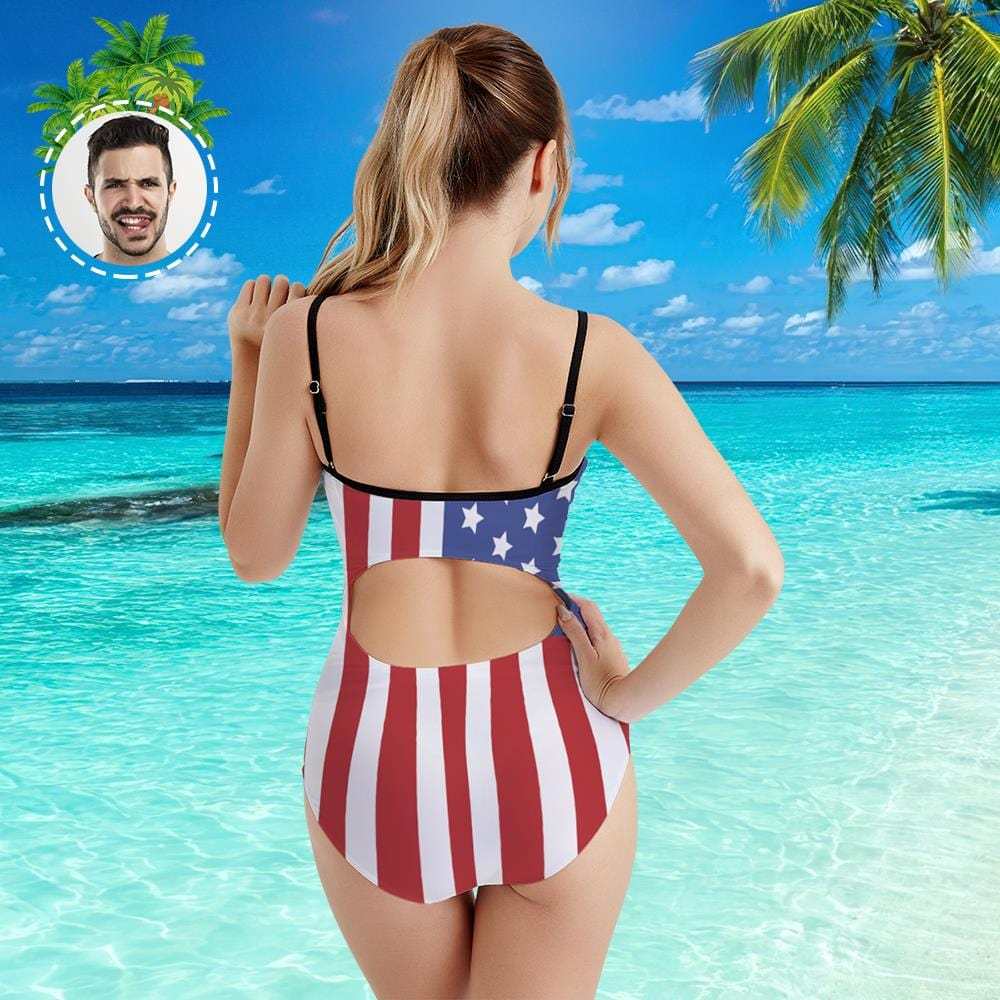 Custom Face Swimwear Women's Photo Slip One Piece Swimsuit - American Flag - Giftlab