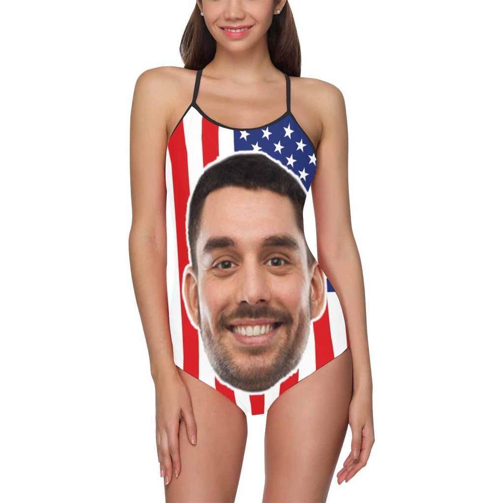 Custom Face Swimwear Women's Photo Slip One Piece Swimsuit - American Flag - Giftlab